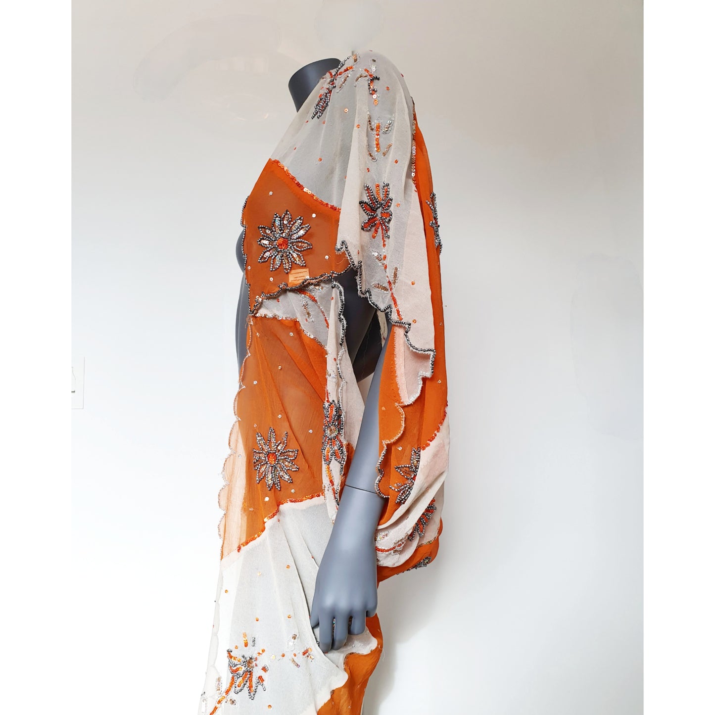 Draped kimono in orange and white with floral hand embroidery (M)