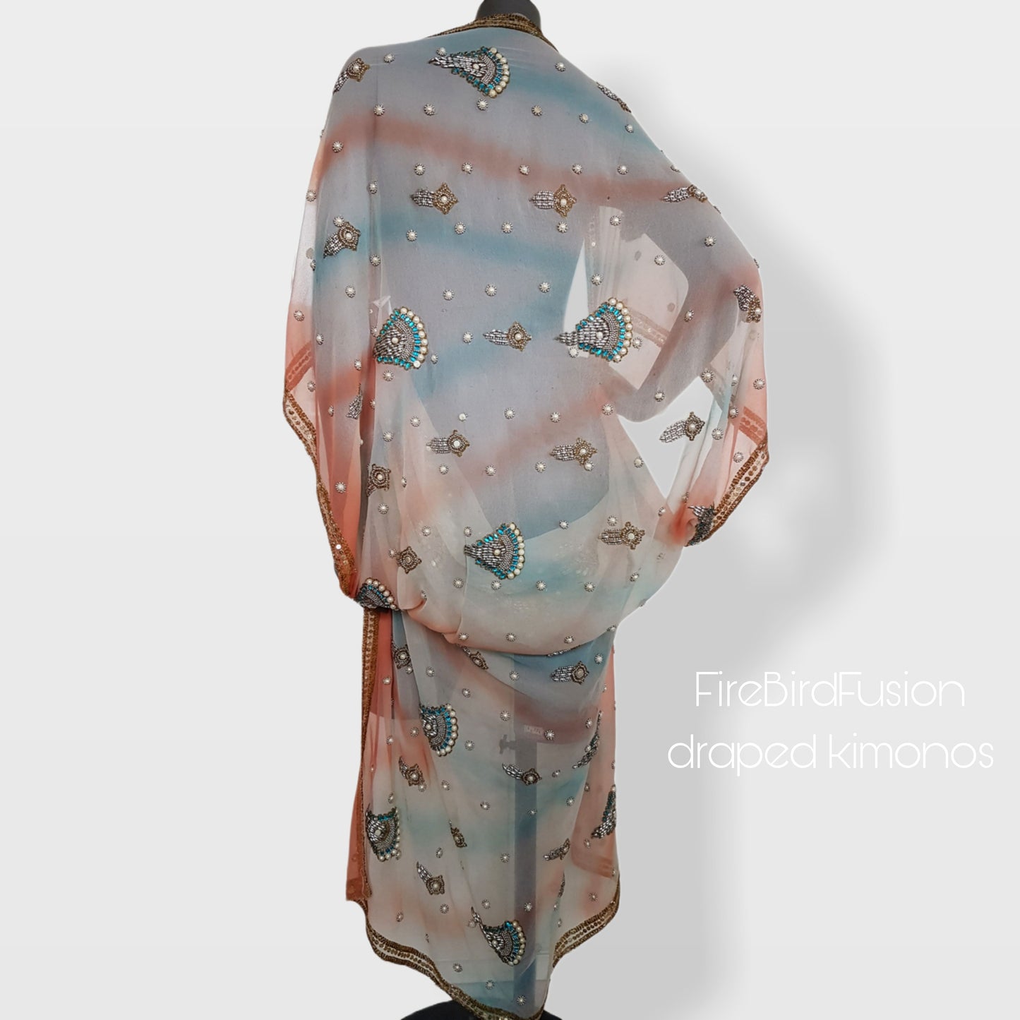 Luxurious semi sheer draped kimono in white, blue and pink with pearl embroidery (M)