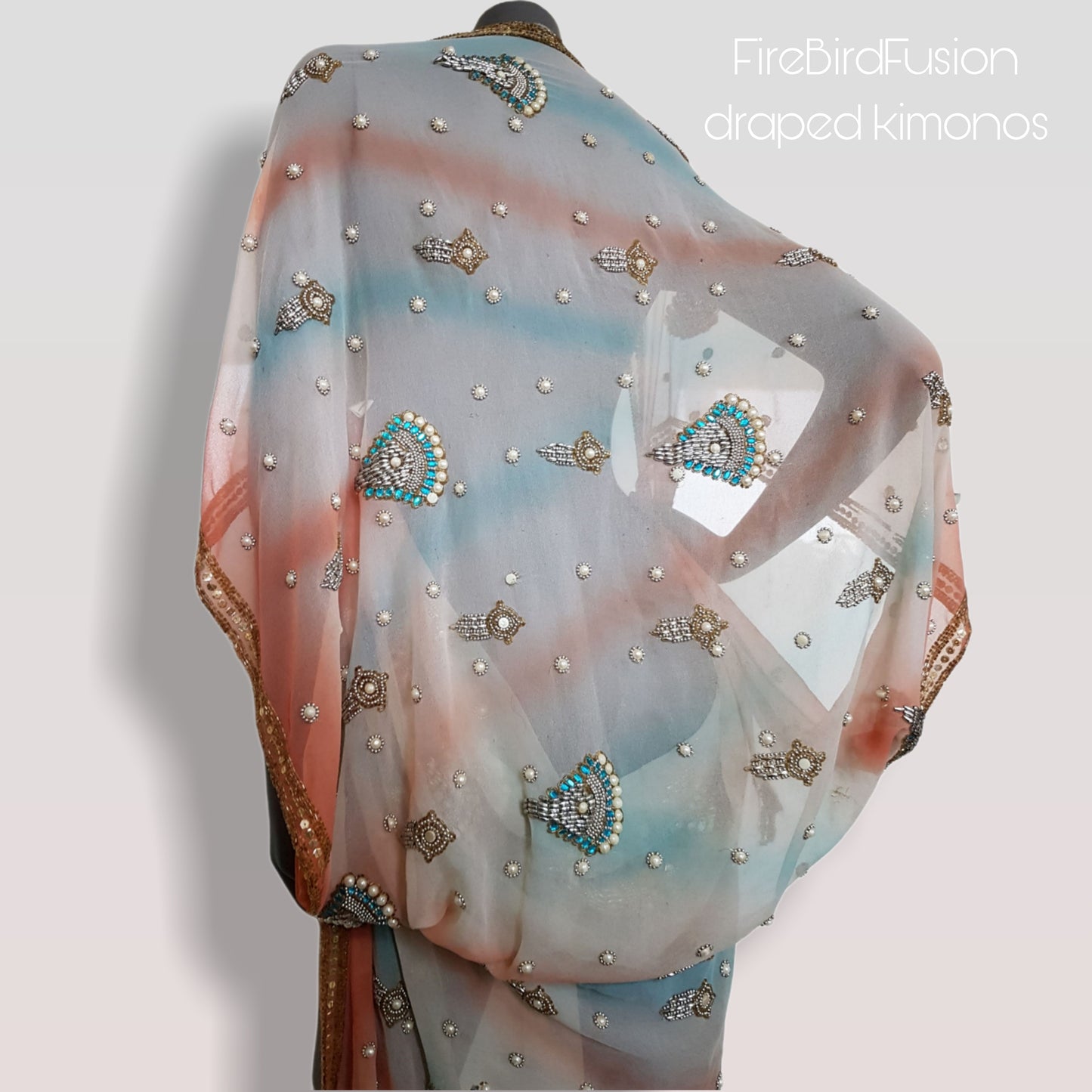 Luxurious semi sheer draped kimono in white, blue and pink with pearl embroidery (M)