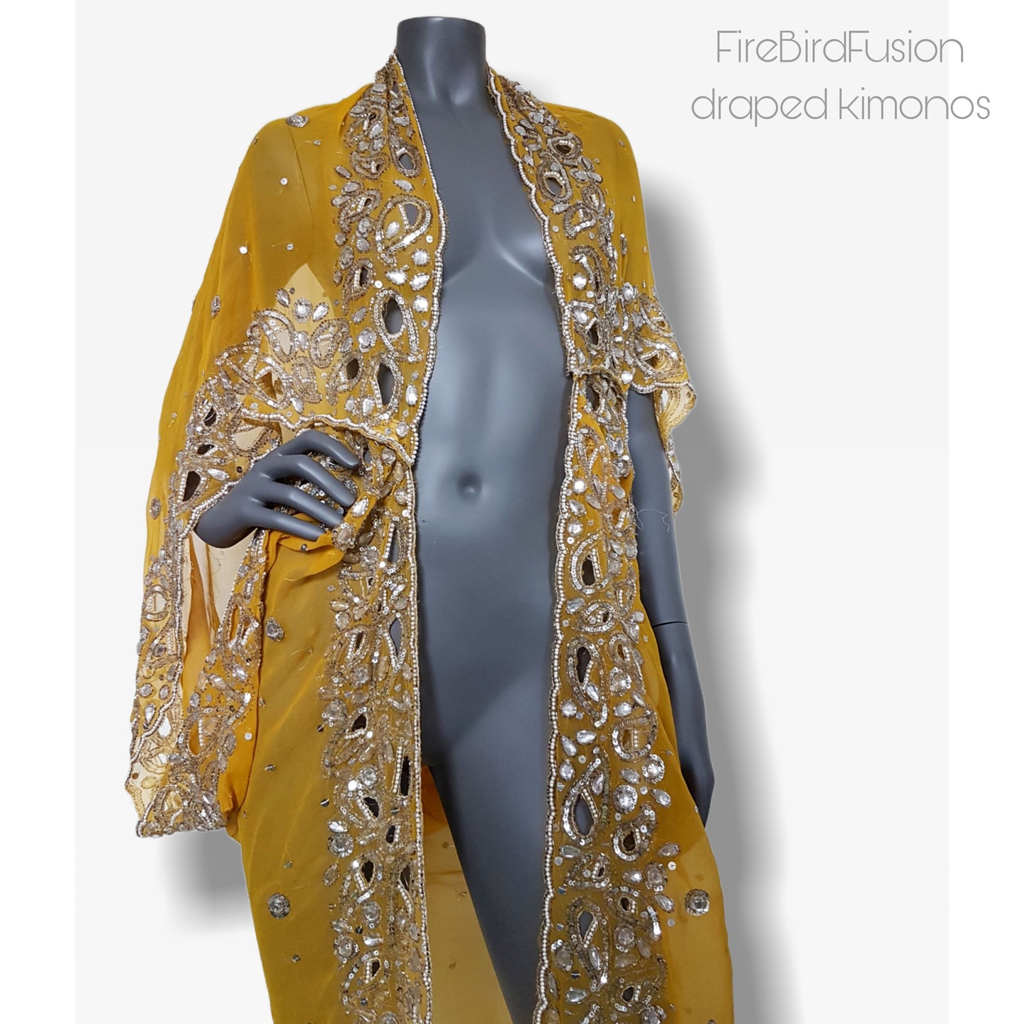 Draped semi sheer kimono in yellow with pearl and rhinestone embroidery (M-L)