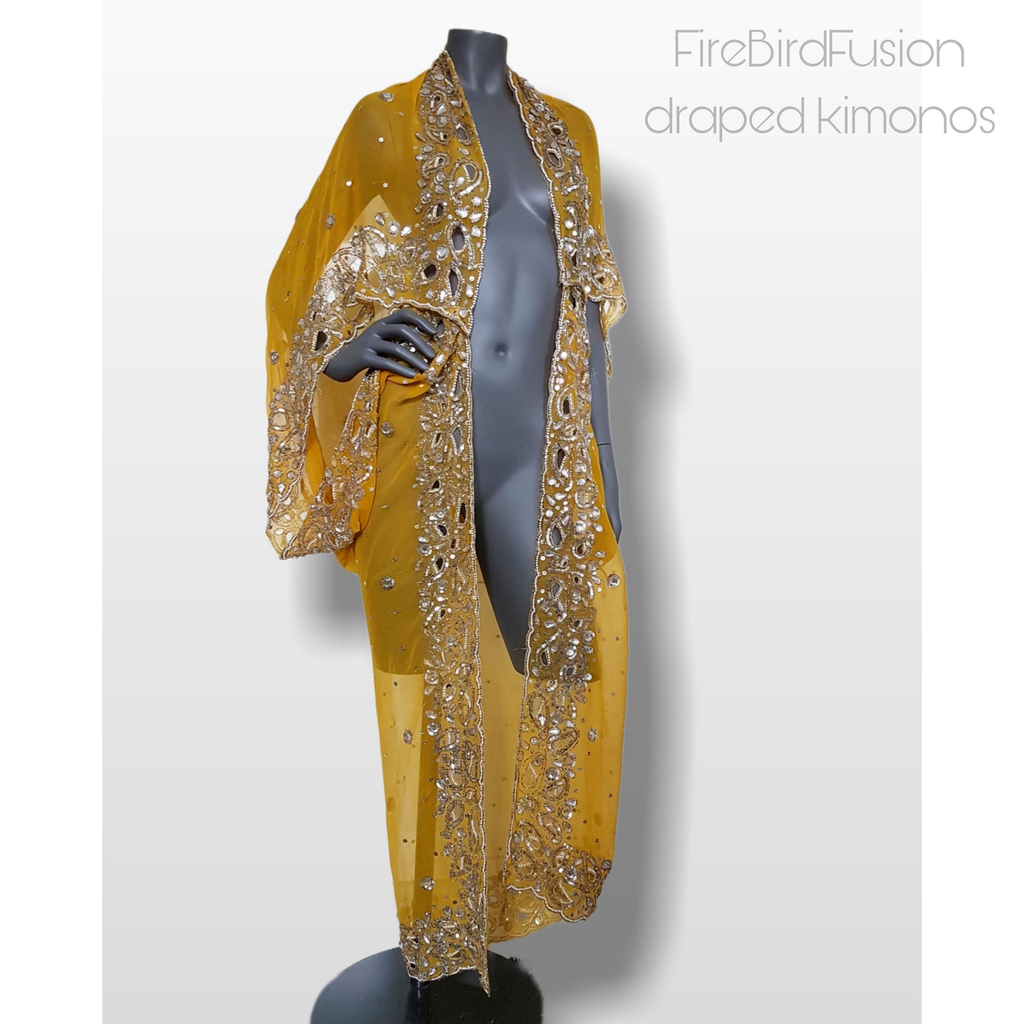 Draped semi sheer kimono in yellow with pearl and rhinestone embroidery (M-L)