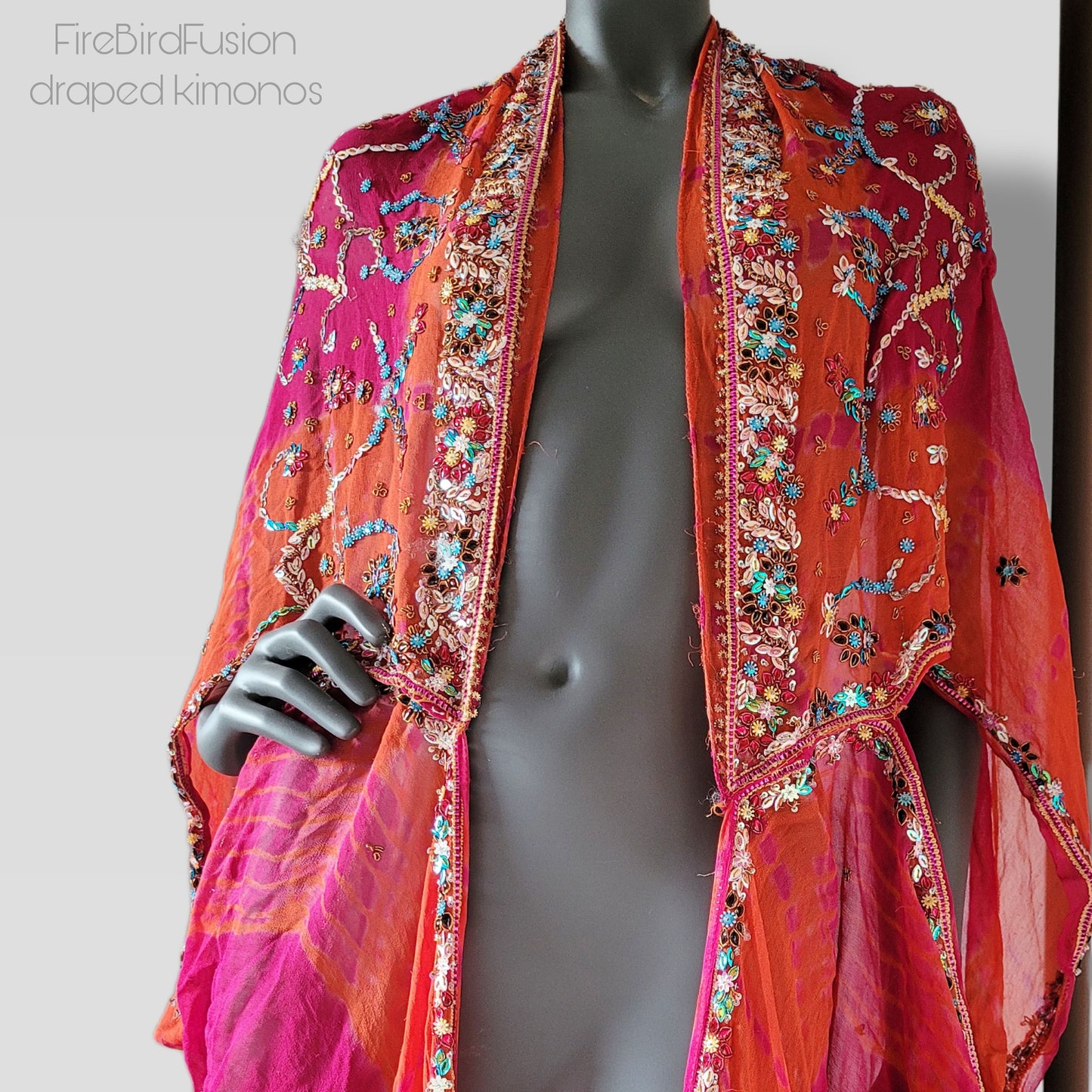 Luxurious draped silk mix kimono, hand dyed in hot pink and orange with stunning embroidery in pride colours (XL)