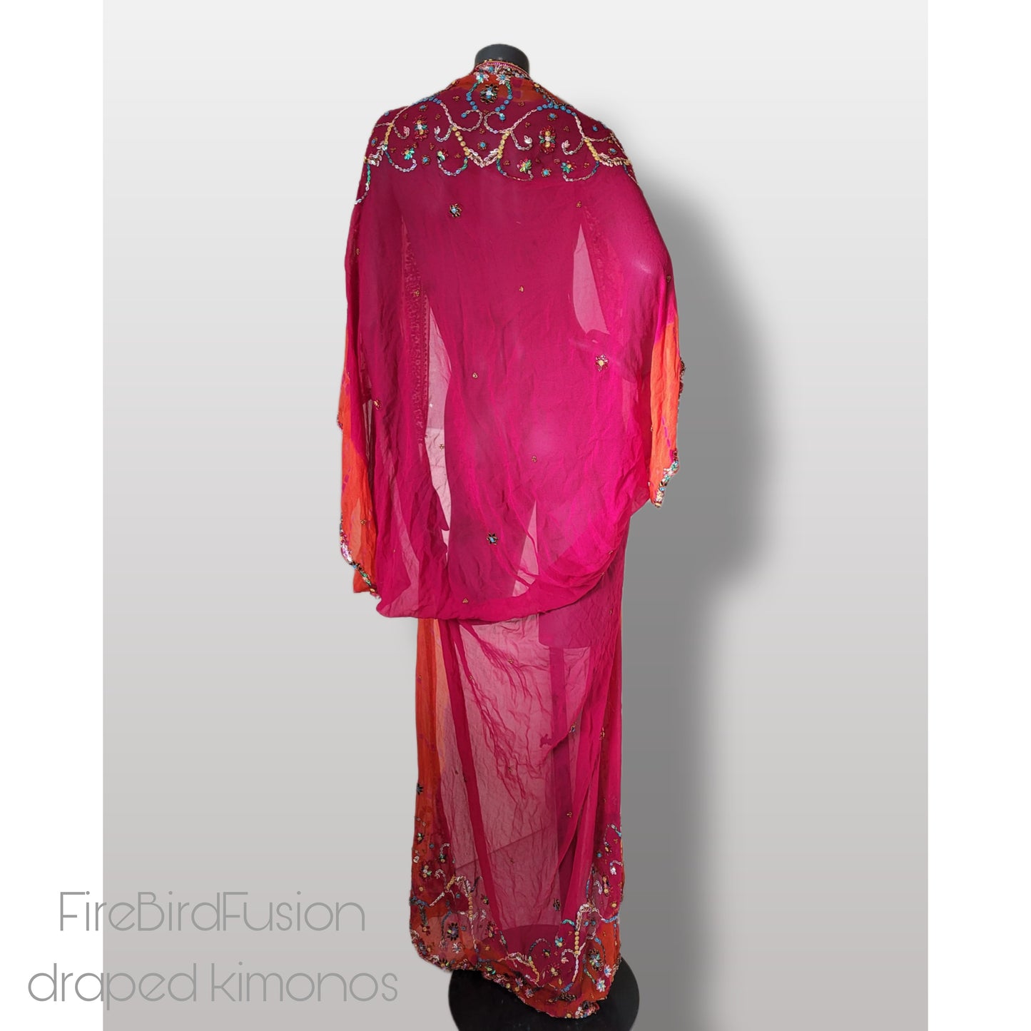 Luxurious draped silk mix kimono, hand dyed in hot pink and orange with stunning embroidery in pride colours (XL)