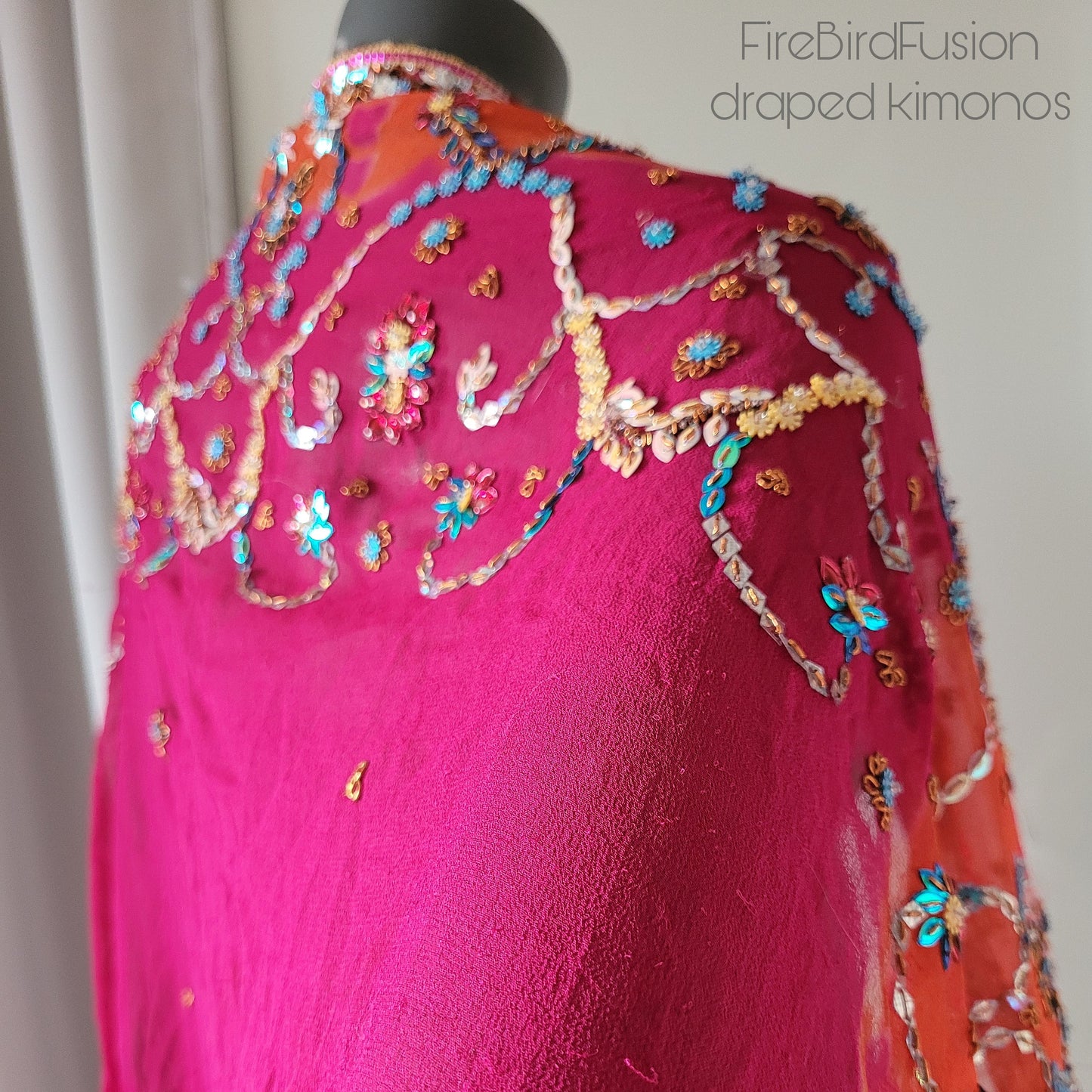 Luxurious draped silk mix kimono, hand dyed in hot pink and orange with stunning embroidery in pride colours (XL)