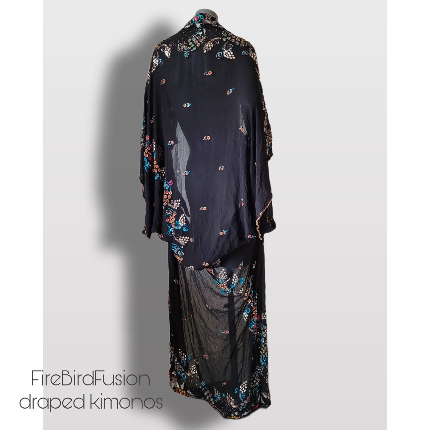 Luxurious draped pure silk kimono, black with beautiful hand embroidered pattern in vivid pride colours (XL-XXL)