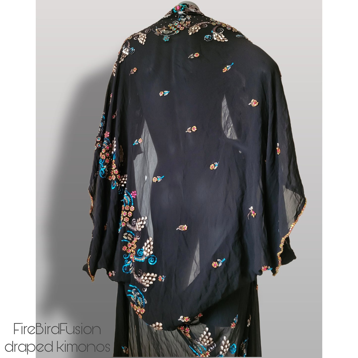 Luxurious draped pure silk kimono, black with beautiful hand embroidered pattern in vivid pride colours (XL-XXL)