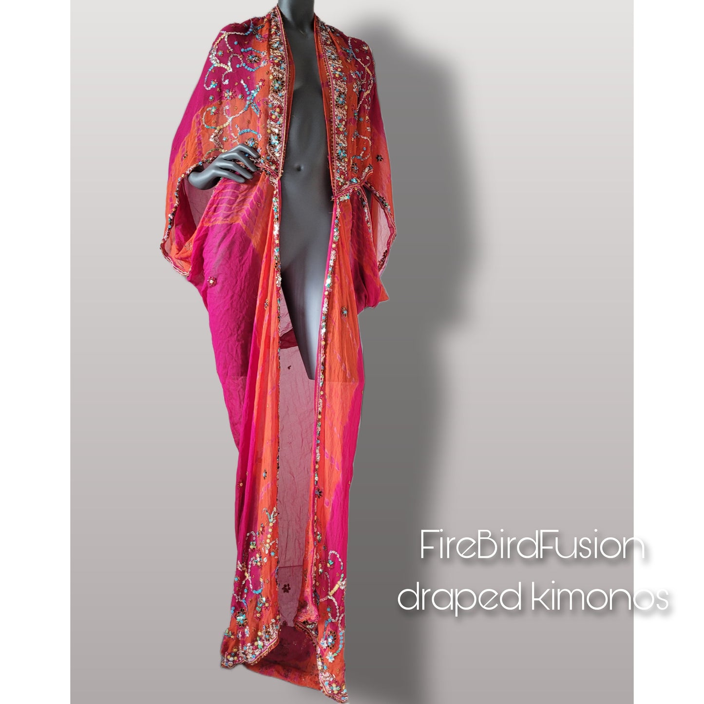 Luxurious draped silk mix kimono, hand dyed in hot pink and orange with stunning embroidery in pride colours (XL)