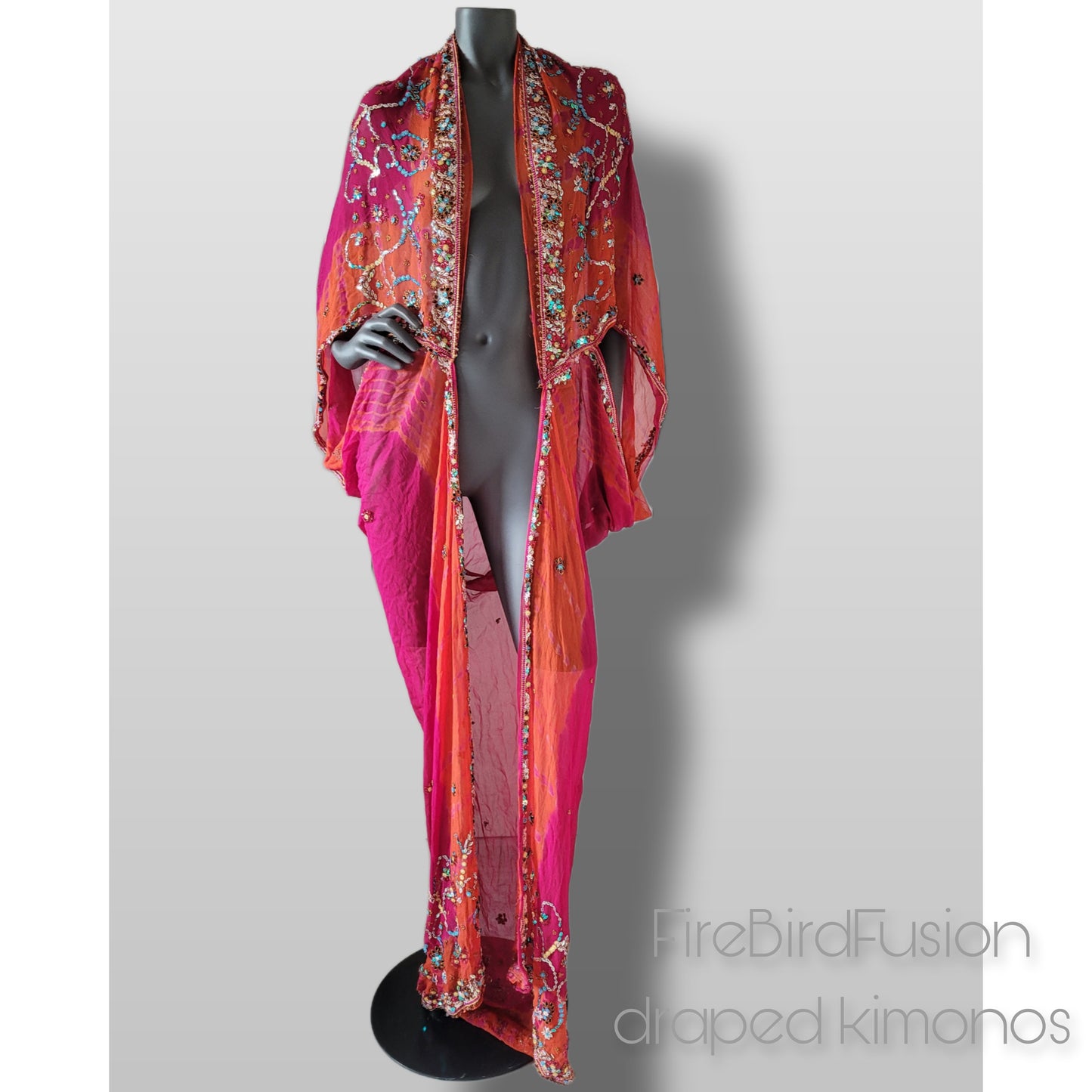 Luxurious draped silk mix kimono, hand dyed in hot pink and orange with stunning embroidery in pride colours (XL)