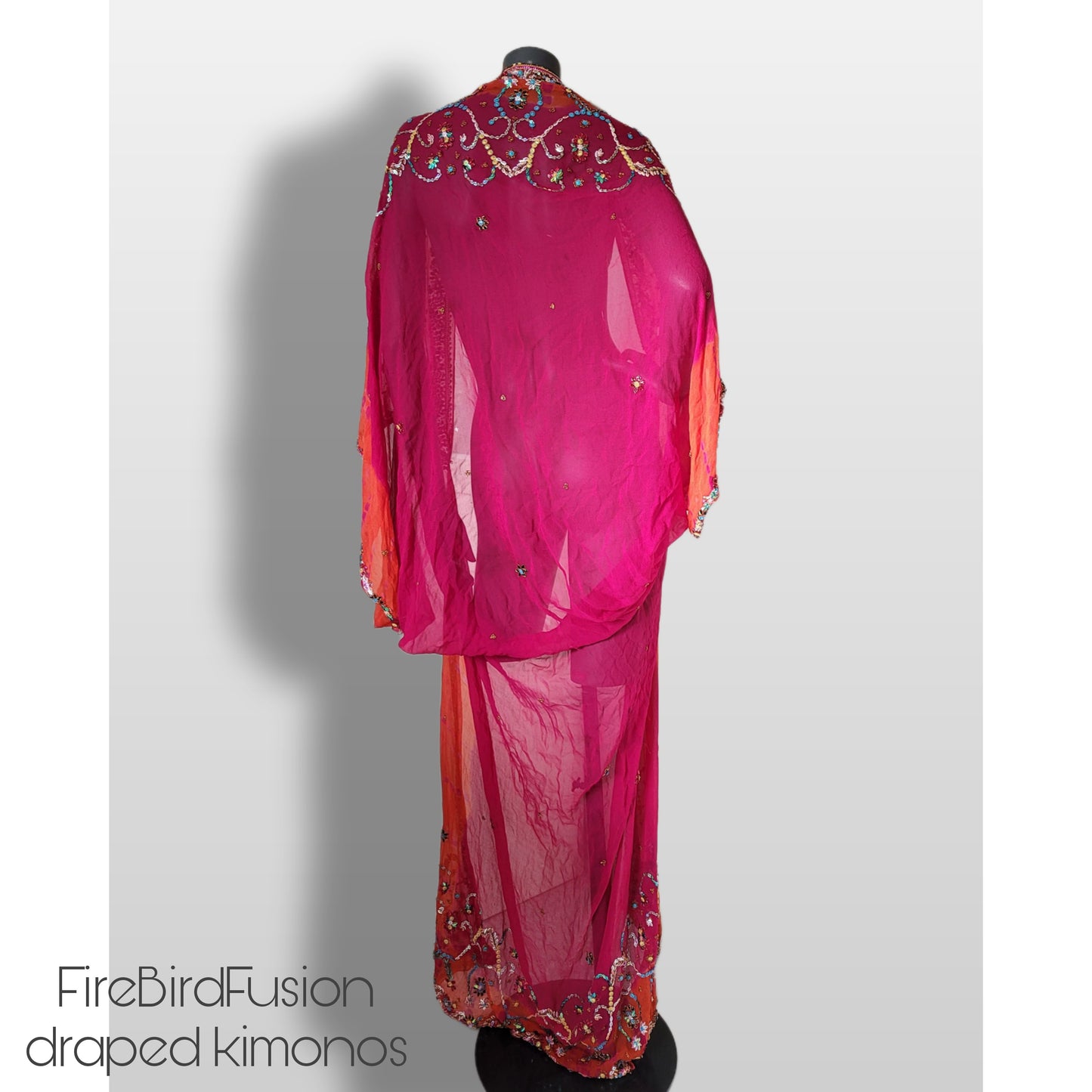 Luxurious draped silk mix kimono, hand dyed in hot pink and orange with stunning embroidery in pride colours (XL)