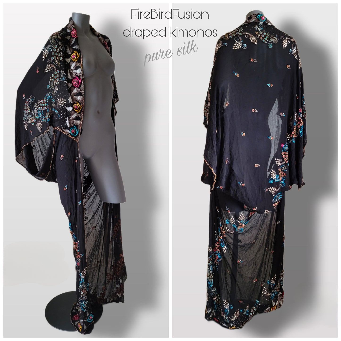 Luxurious draped pure silk kimono, black with beautiful hand embroidered pattern in vivid pride colours (XL-XXL)