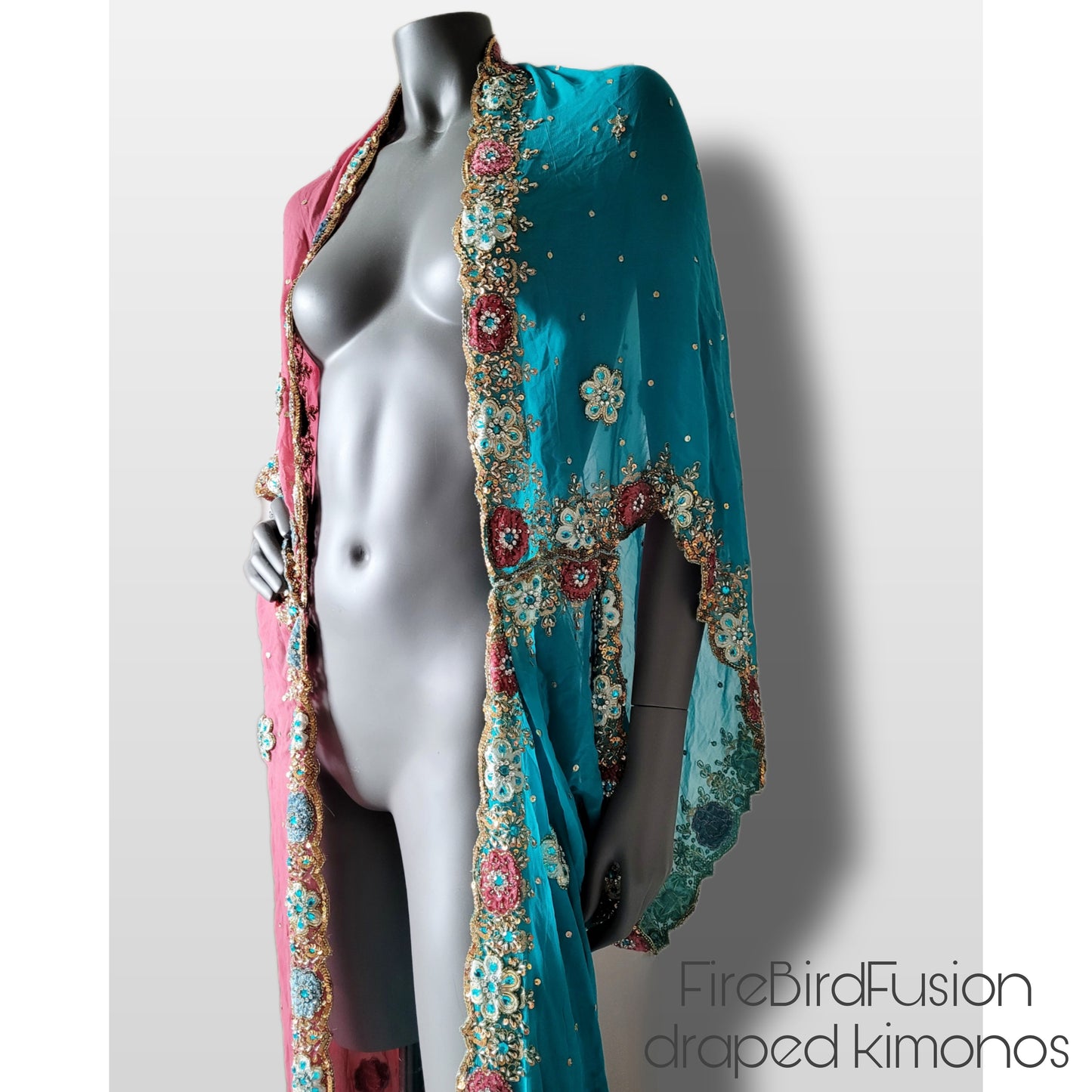 Luxurious draped kimono in pink and blue with elaborated hand embellishment in blonze, velvet appliques and crystal glass rhinestones (XL)