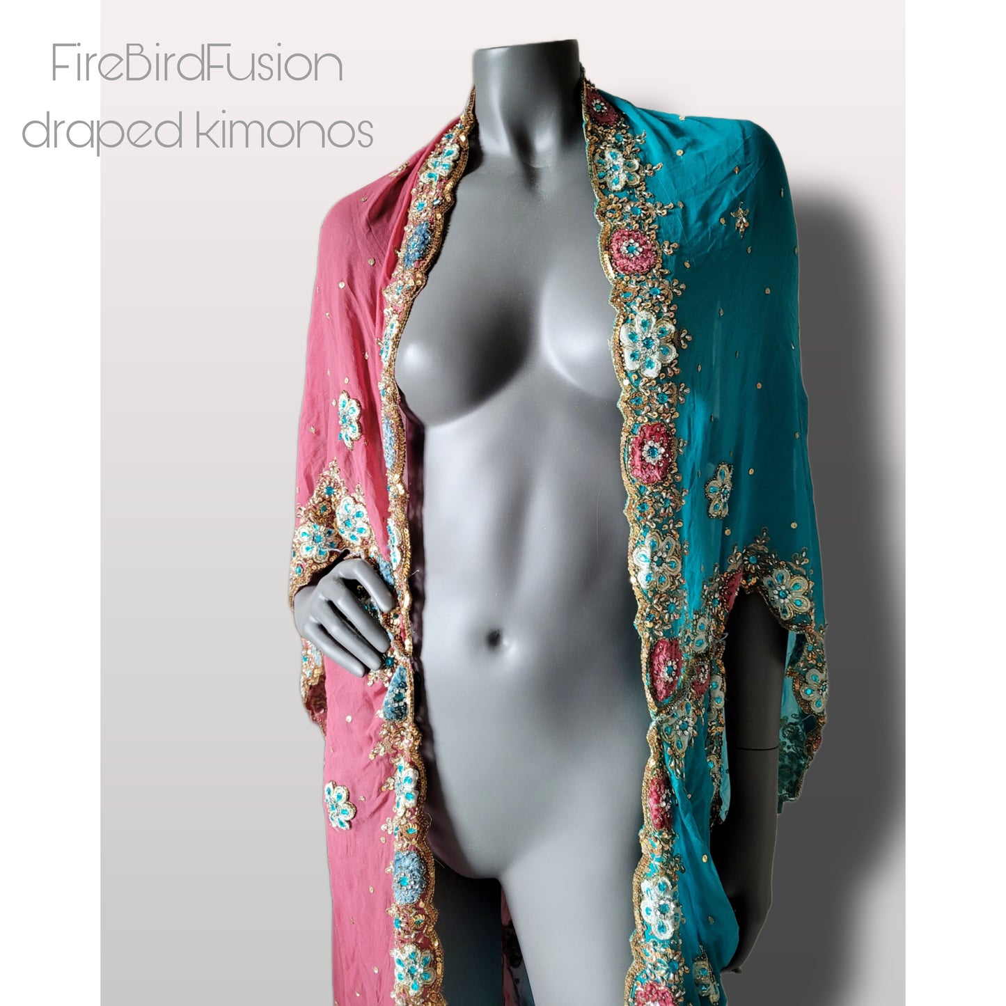 Luxurious draped kimono in pink and blue with elaborated hand embellishment in blonze, velvet appliques and crystal glass rhinestones (XL)