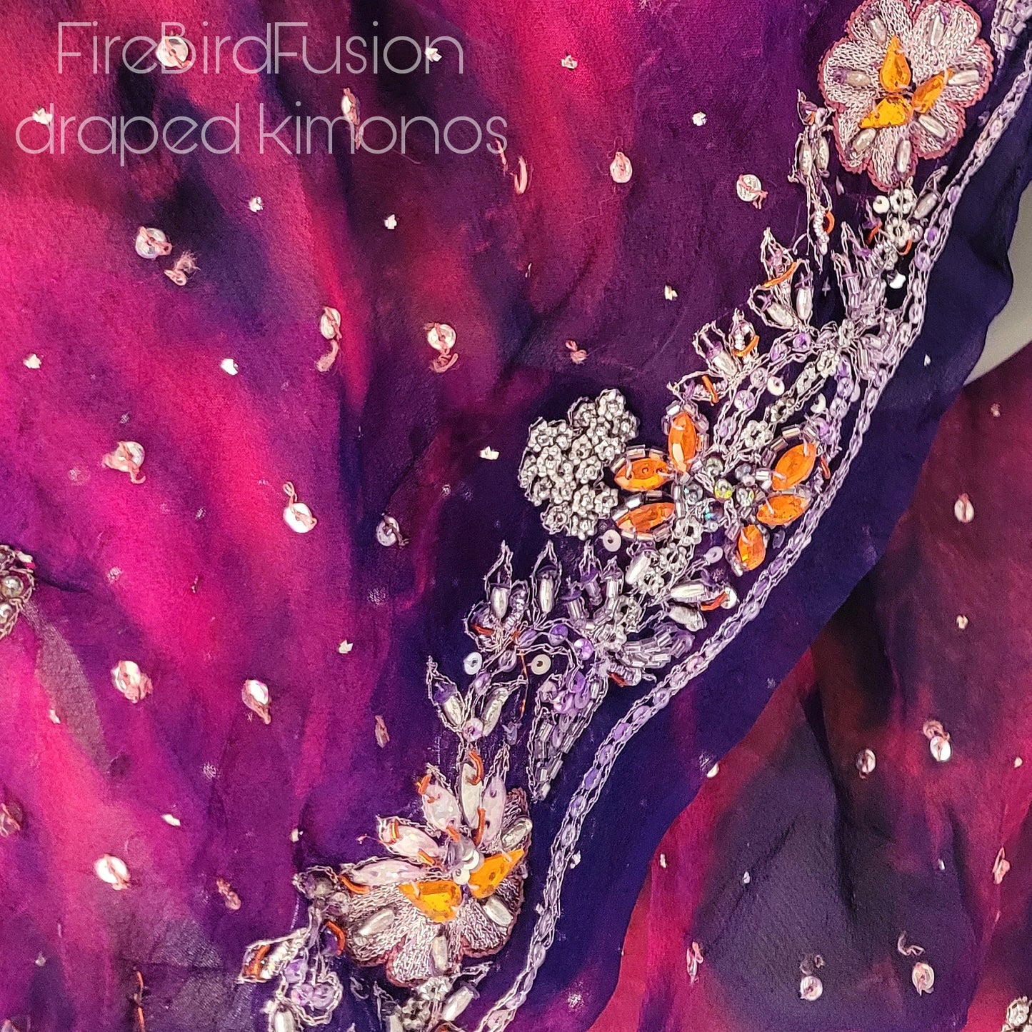 Luxurious draped kimono in pure silk, hand dyed batik in fucshia and purple with stunning embroidery (L-XL)