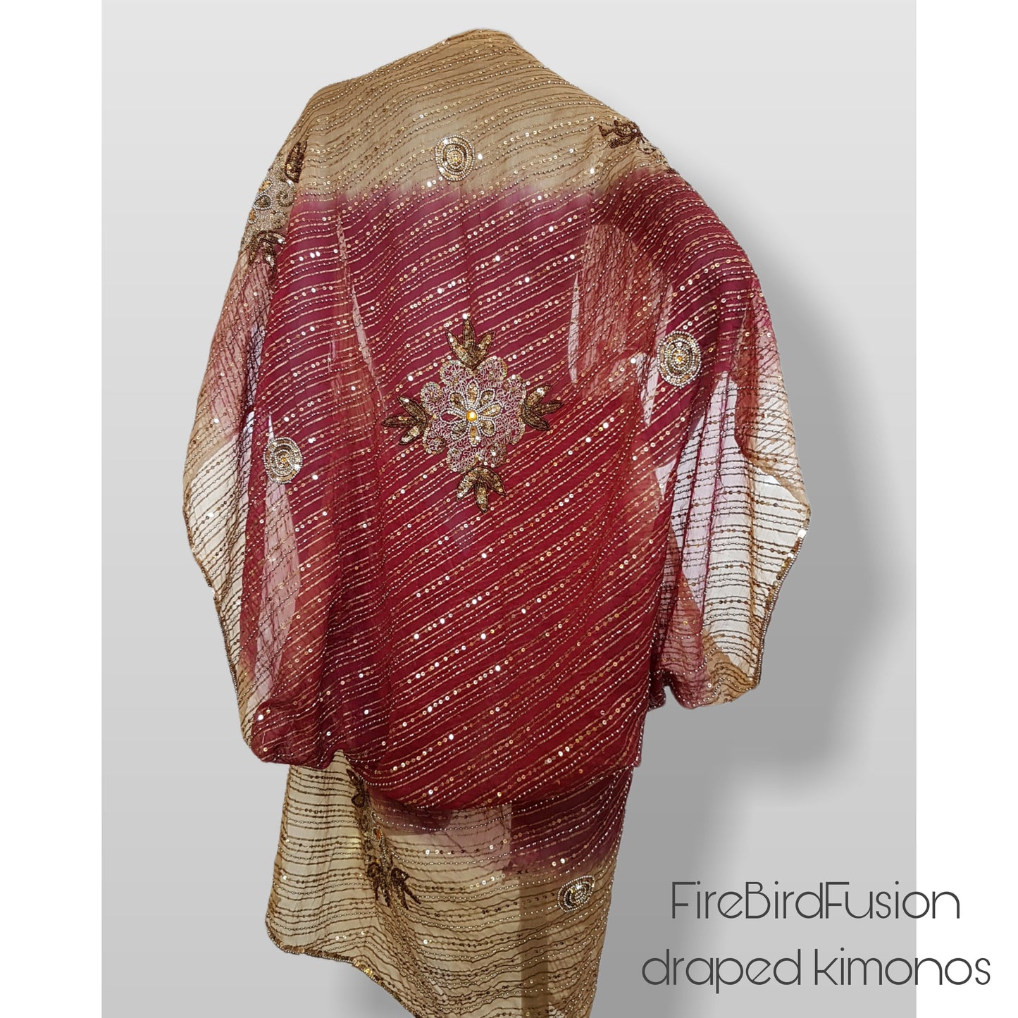Draped kimono in dark beige/hazelnut and wine with elaborated sequin flower hand embroidery (L)