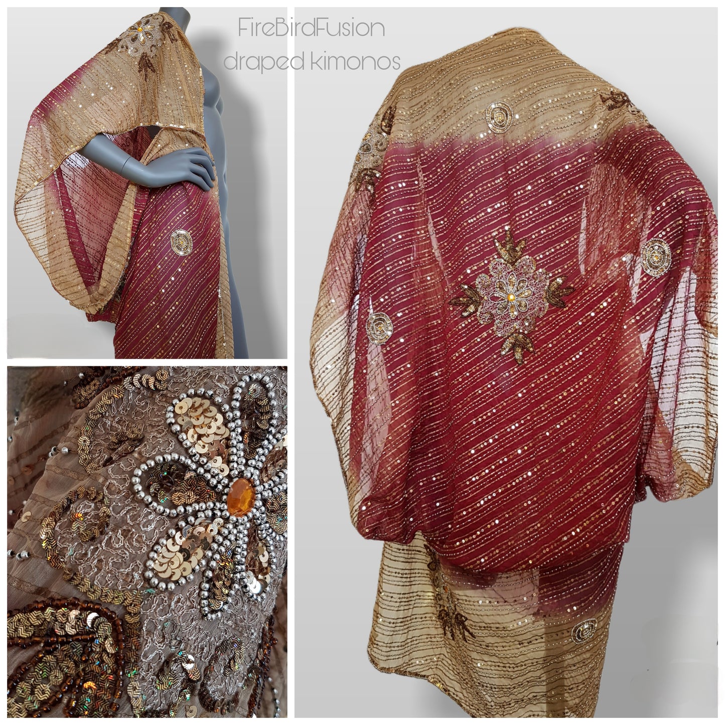 Draped kimono in dark beige/hazelnut and wine with elaborated sequin flower hand embroidery (L)