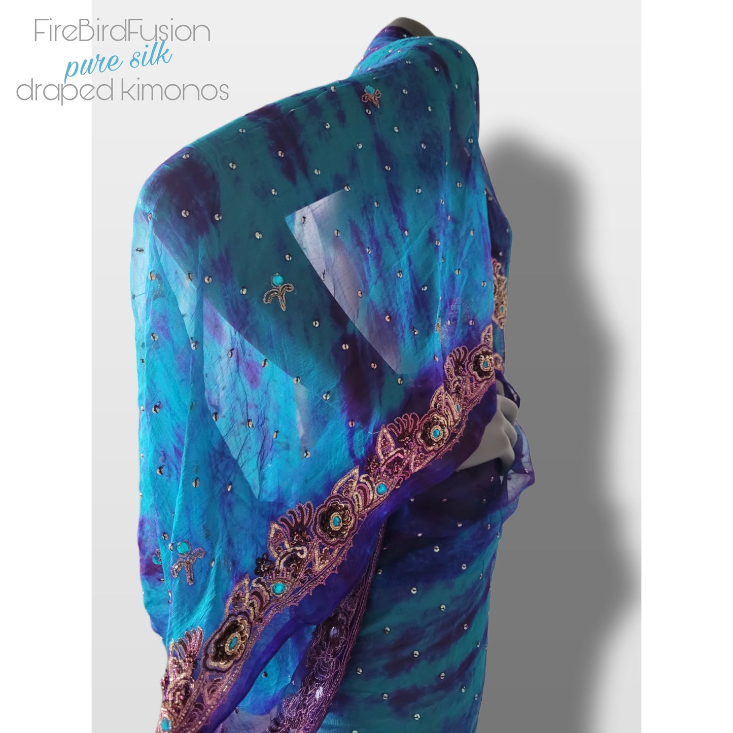 Luxurious draped kimono in pure silk, hand dyed batik in blue and purple with stunning embroidery (L)