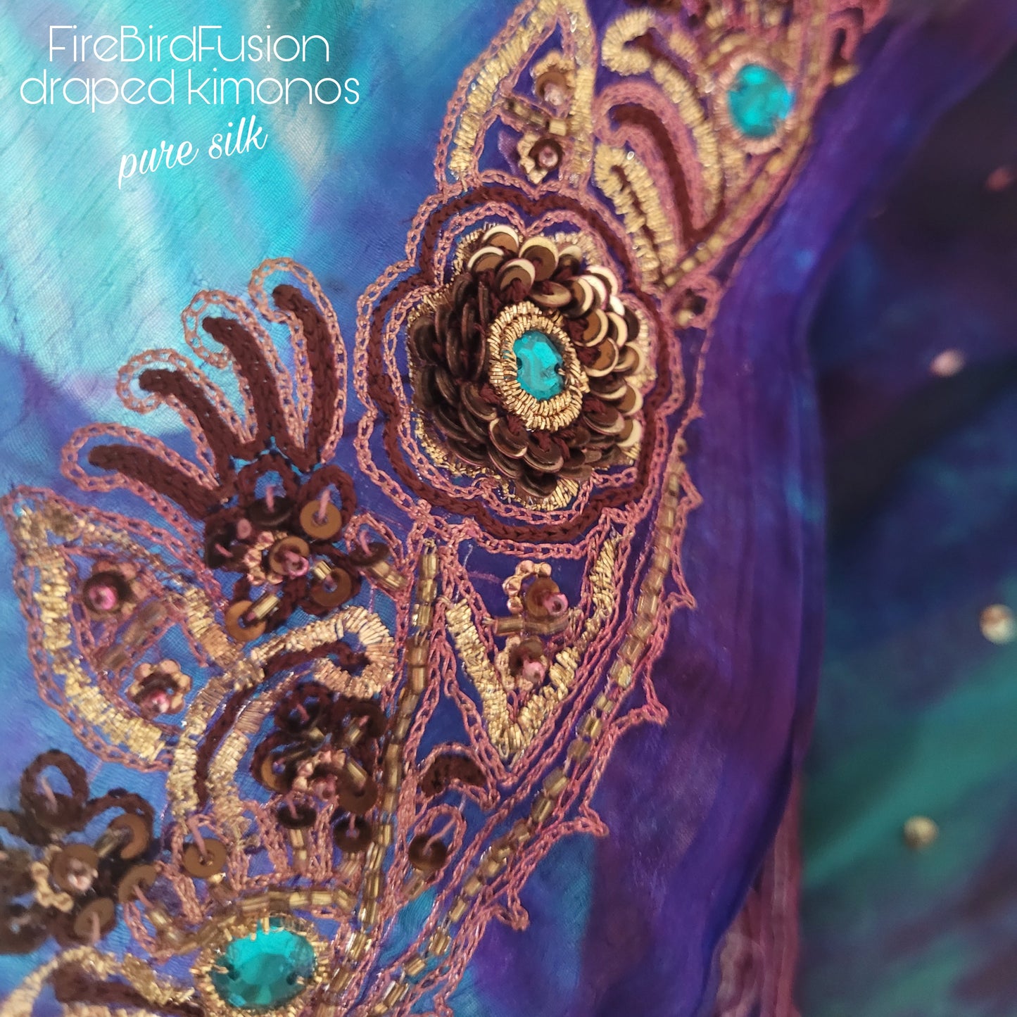 Luxurious draped kimono in pure silk, hand dyed batik in blue and purple with stunning embroidery (L)