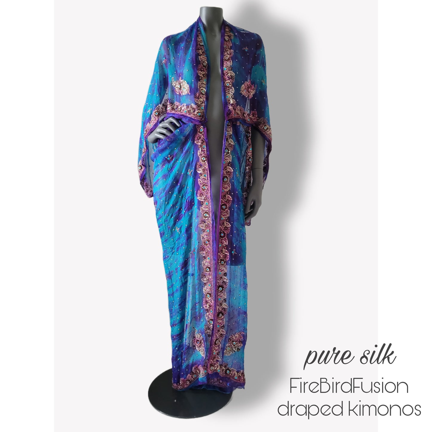 Luxurious draped kimono in pure silk, hand dyed batik in blue and purple with stunning embroidery (L)