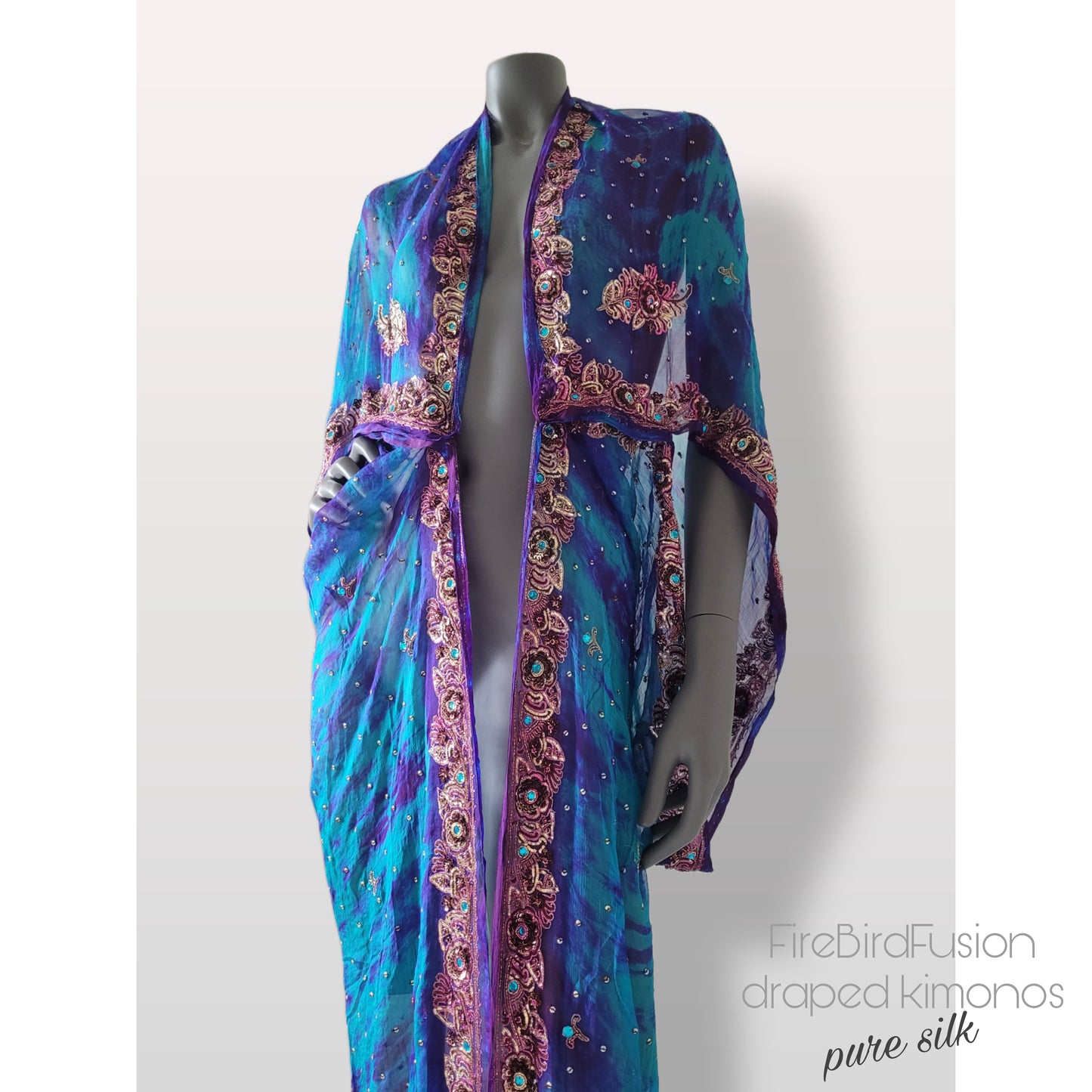 Luxurious draped kimono in pure silk, hand dyed batik in blue and purple with stunning embroidery (L)