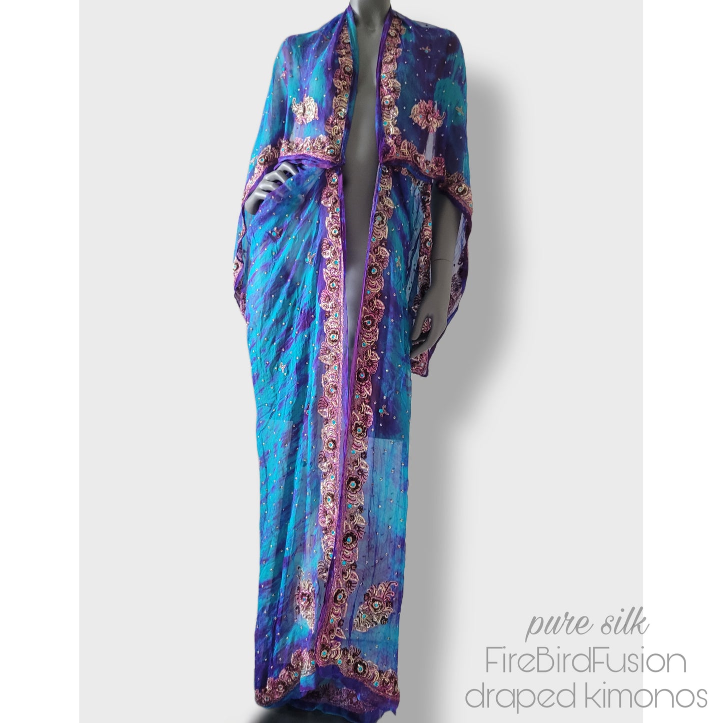 Luxurious draped kimono in pure silk, hand dyed batik in blue and purple with stunning embroidery (L)