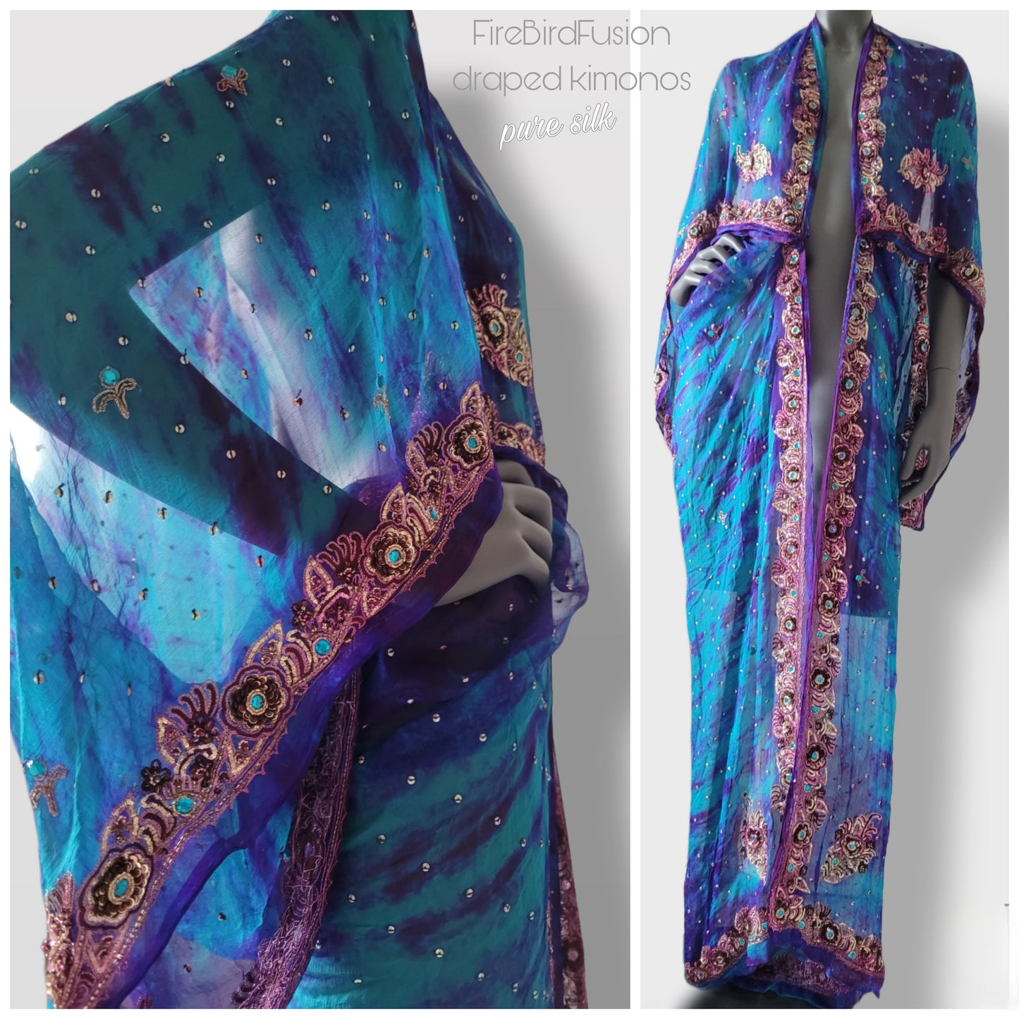 Luxurious draped kimono in pure silk, hand dyed batik in blue and purple with stunning embroidery (L)