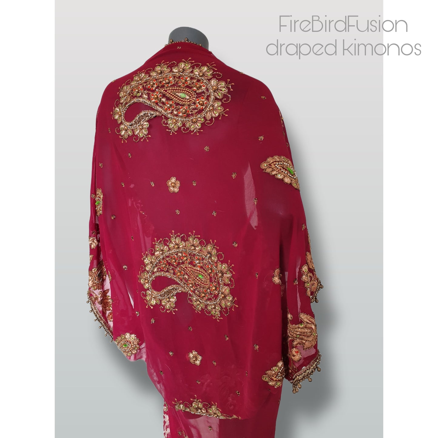 Draped kimono, dark red with elaborated embrodery and beaded trim (L)