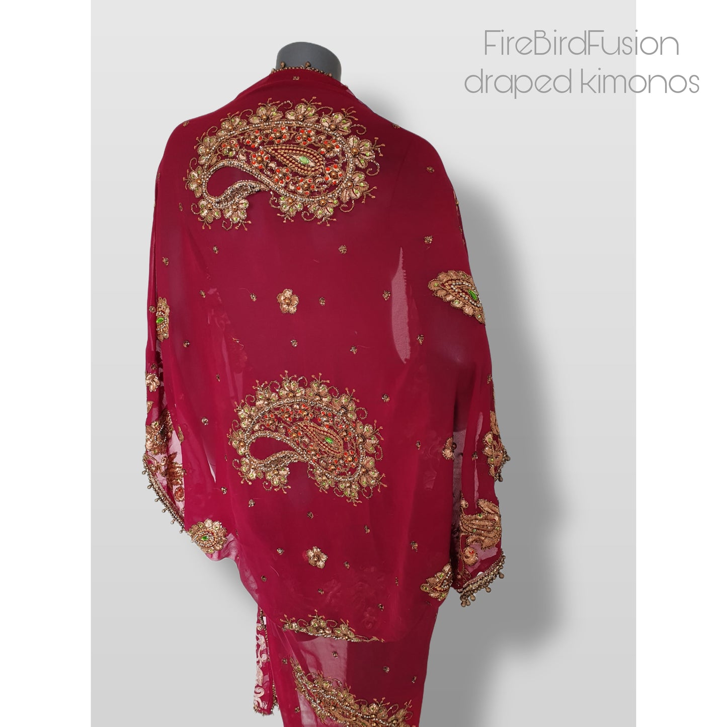 Draped kimono, dark red with elaborated embrodery and beaded trim (L)
