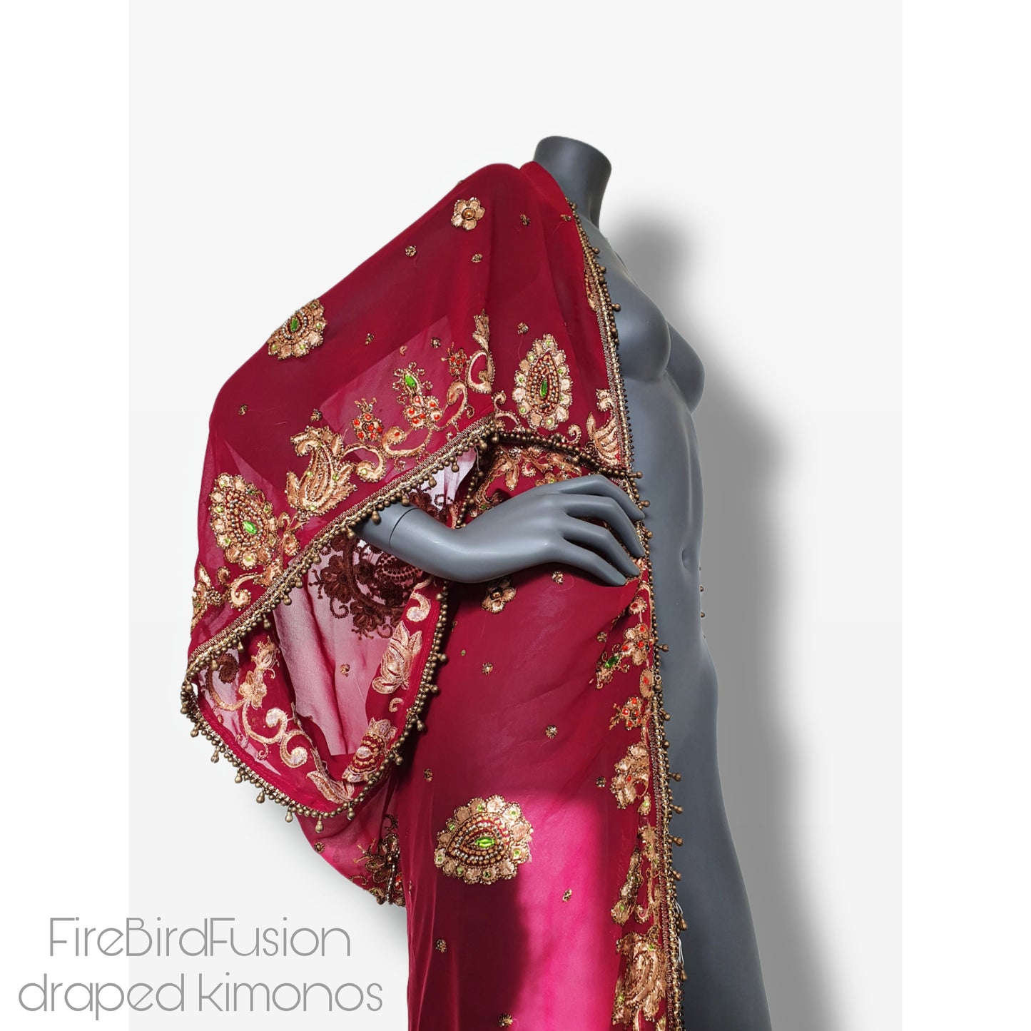 Draped kimono, dark red with elaborated embrodery and beaded trim (L)