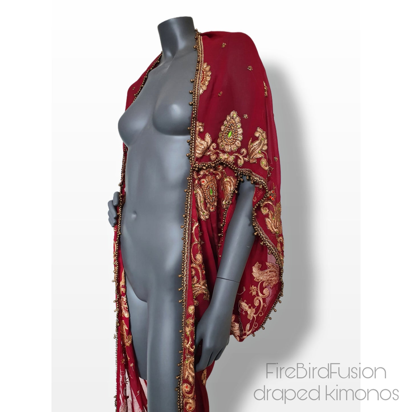 Draped kimono, dark red with elaborated embrodery and beaded trim (L)