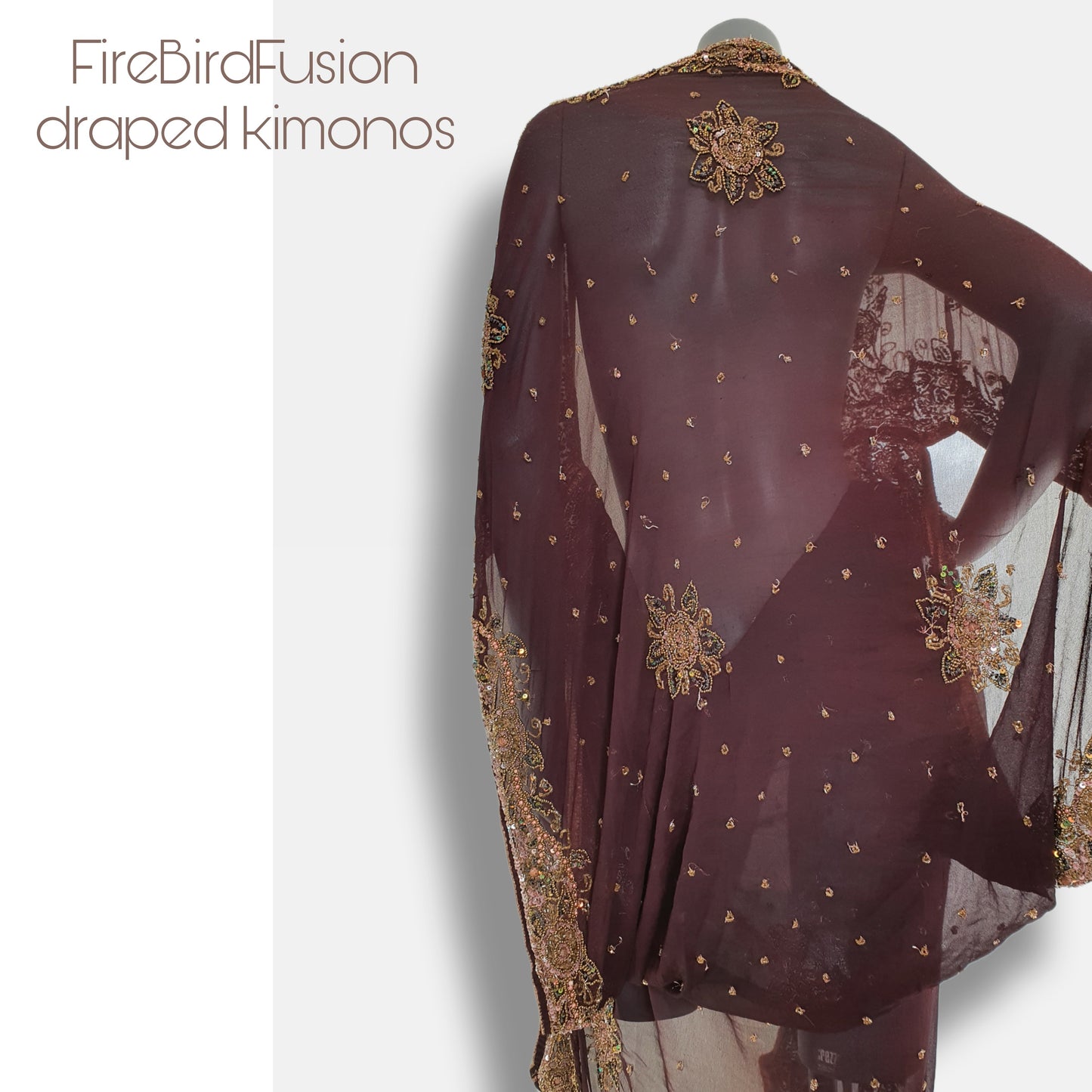 Draped chocolate brown kimono with elaborated hand embrodery in bronze and green (M)
