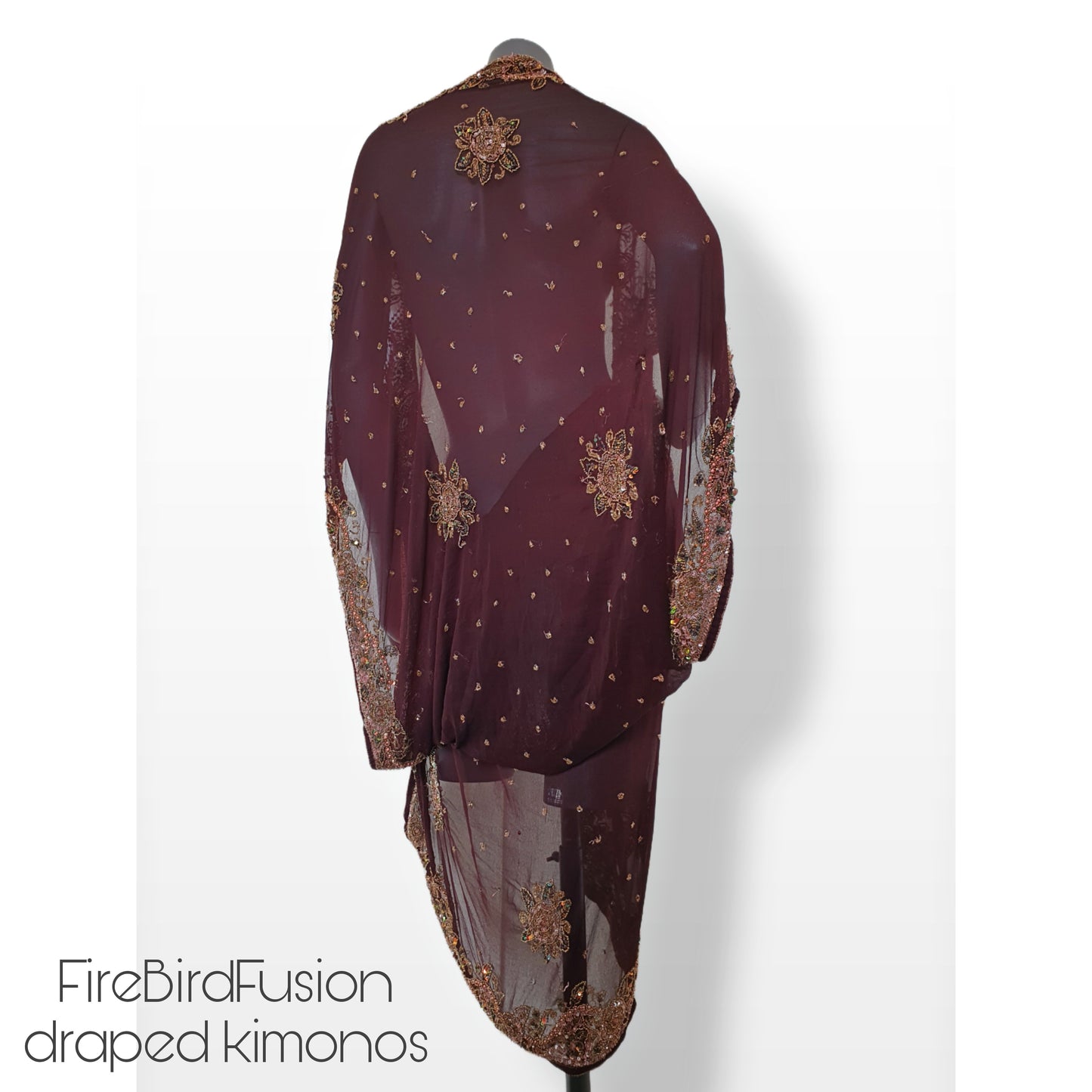 Draped chocolate brown kimono with elaborated hand embrodery in bronze and green (M)