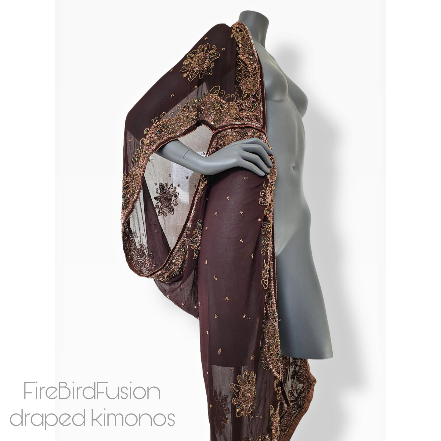Draped chocolate brown kimono with elaborated hand embrodery in bronze and green (M)