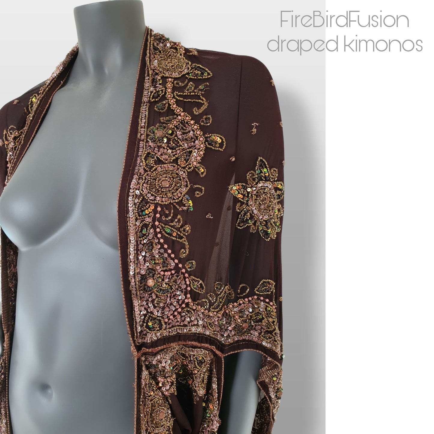 Draped chocolate brown kimono with elaborated hand embrodery in bronze and green (M)
