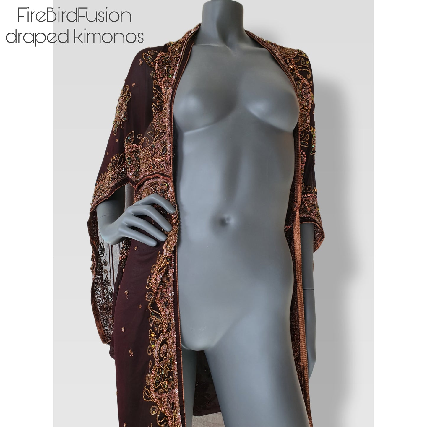 Draped chocolate brown kimono with elaborated hand embrodery in bronze and green (M)