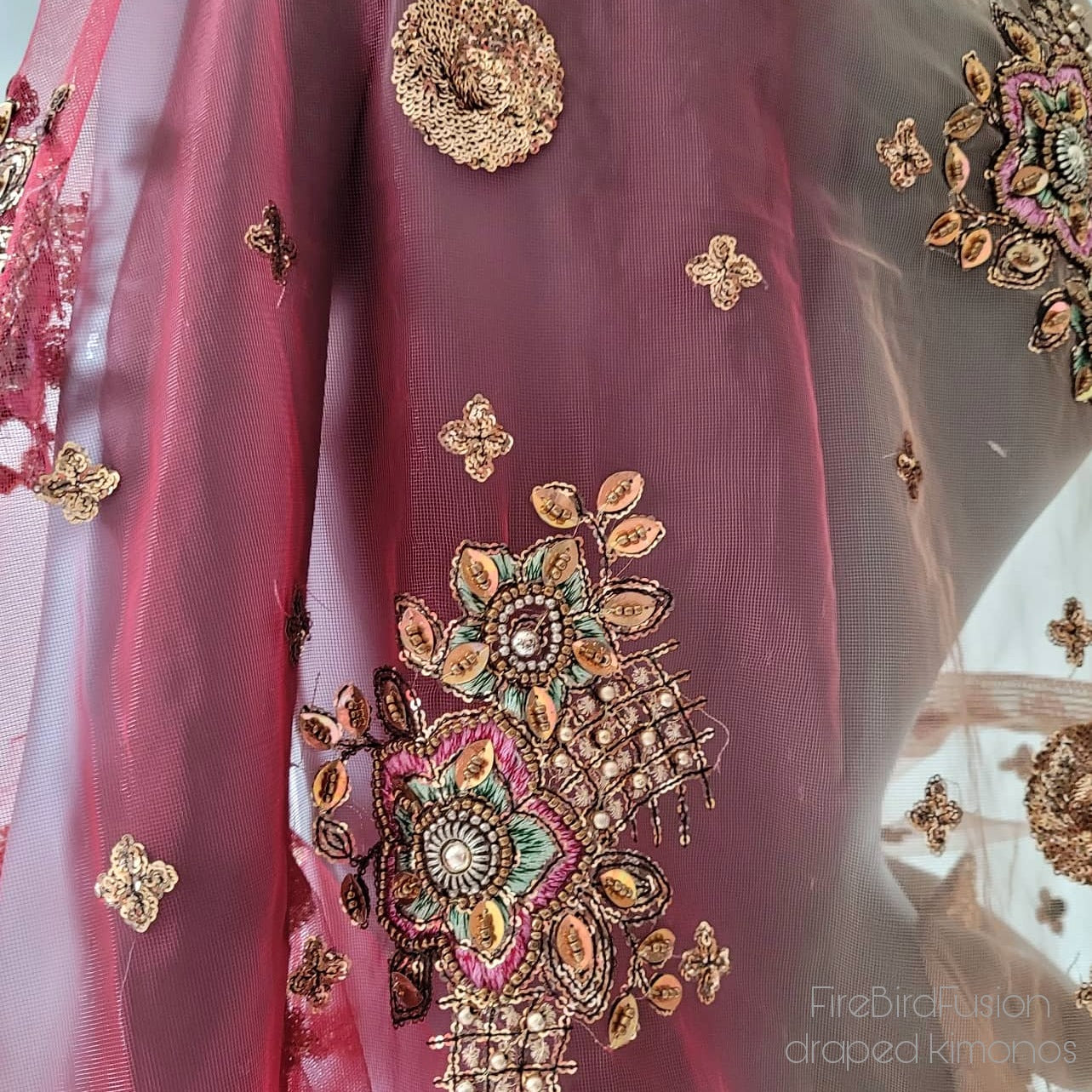 Draped short kimono in warm wine red & ivory with beautiful hand embrodery with glass beads (M-L)