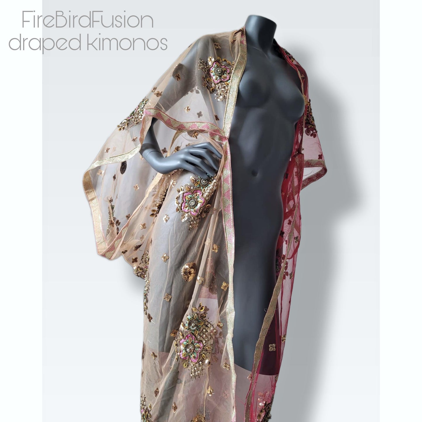 Draped short kimono in warm wine red & ivory with beautiful hand embrodery with glass beads (M-L)