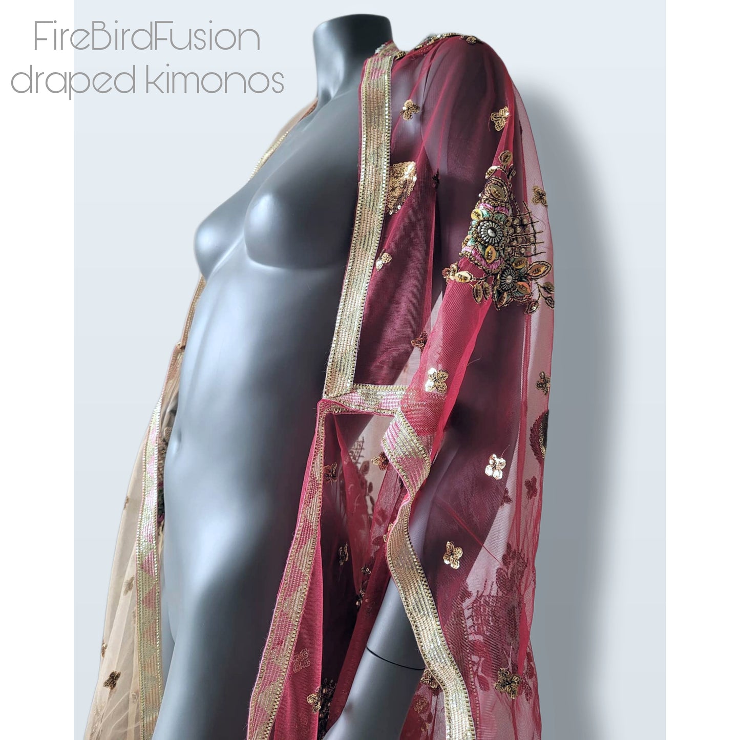 Draped short kimono in warm wine red & ivory with beautiful hand embrodery with glass beads (M-L)