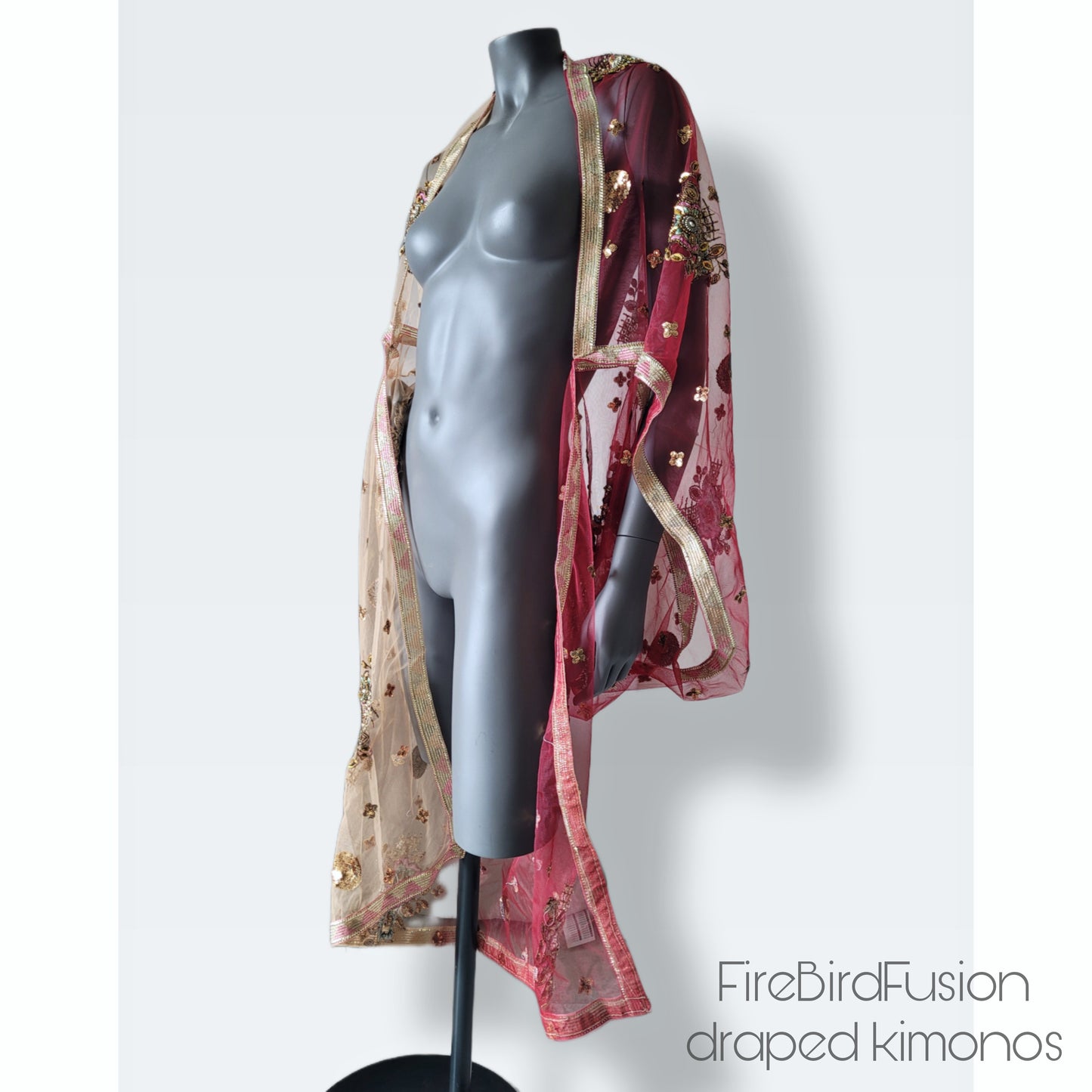 Draped short kimono in warm wine red & ivory with beautiful hand embrodery with glass beads (M-L)
