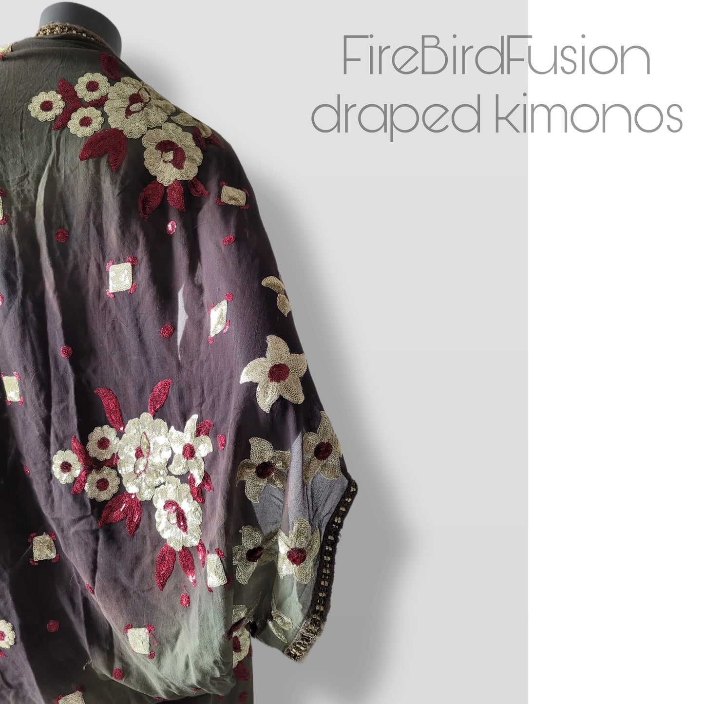 Draped ombre kimono with elaborated hand embrodery in warm silver and wine red (M)