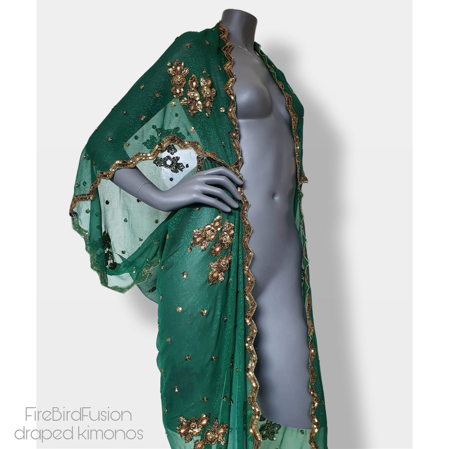 Luxurious draped kimono, beautifully printed forest green fabric with elaborated hand embroidery with golden beads (M)