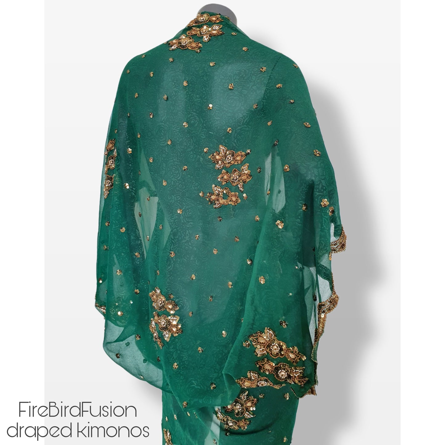 Luxurious draped kimono, beautifully printed forest green fabric with elaborated hand embroidery with golden beads (M)