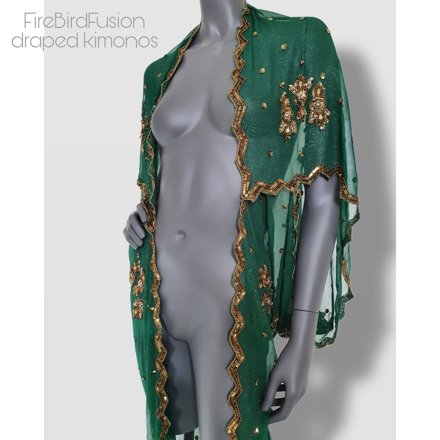 Luxurious draped kimono, beautifully printed forest green fabric with elaborated hand embroidery with golden beads (M)