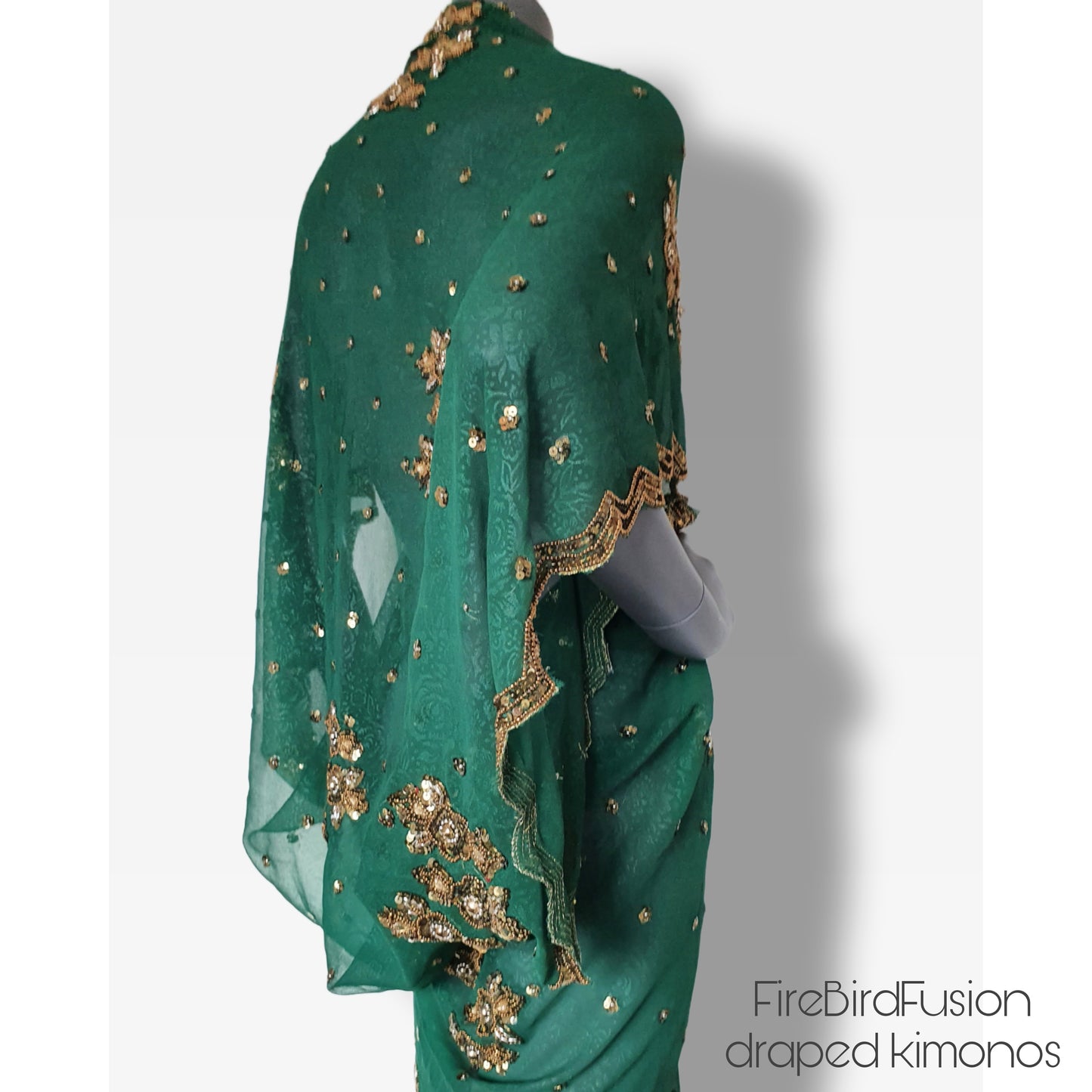 Luxurious draped kimono, beautifully printed forest green fabric with elaborated hand embroidery with golden beads (M)