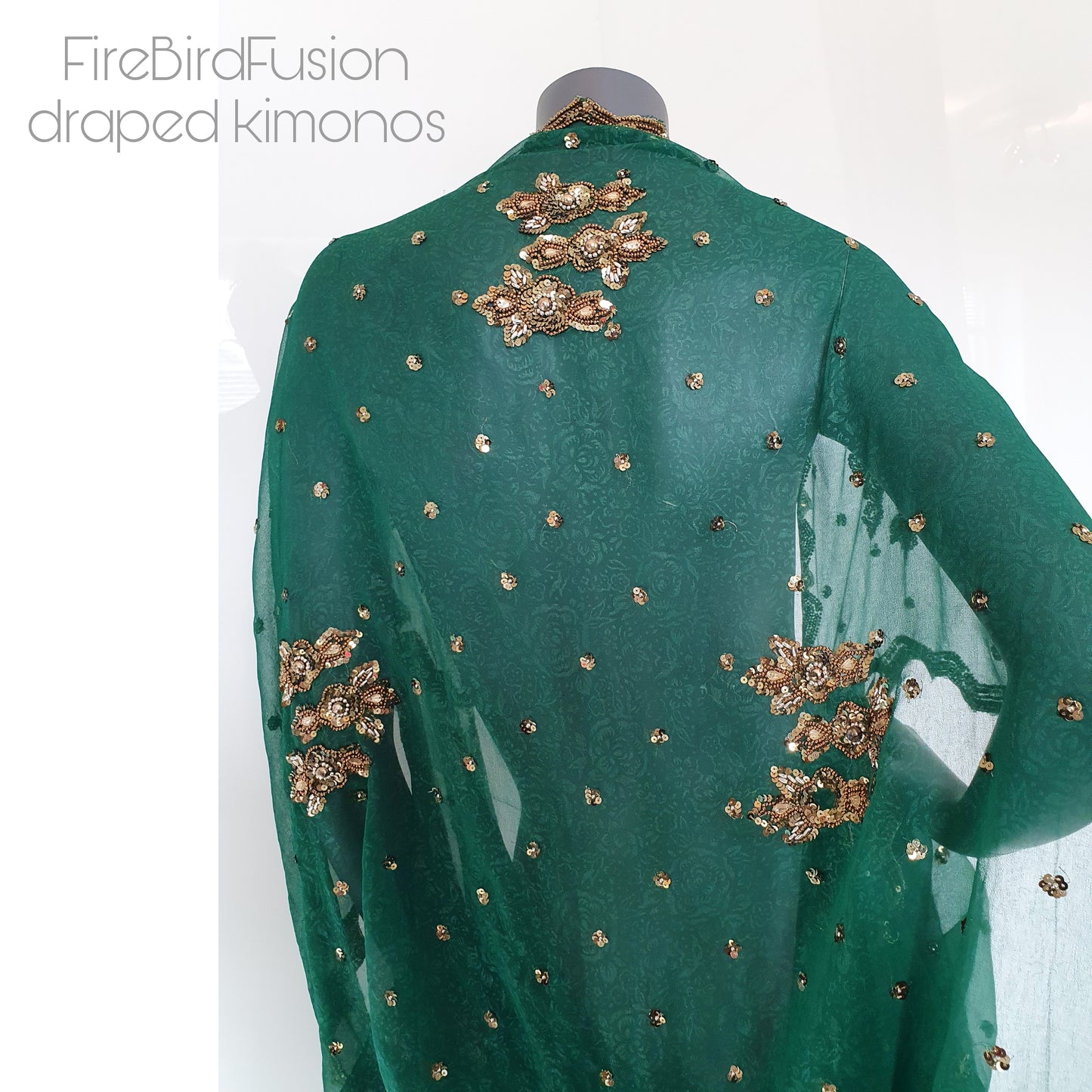 Luxurious draped kimono, beautifully printed forest green fabric with elaborated hand embroidery with golden beads (M)