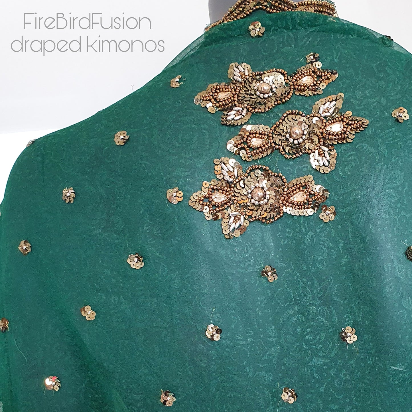 Luxurious draped kimono, beautifully printed forest green fabric with elaborated hand embroidery with golden beads (M)