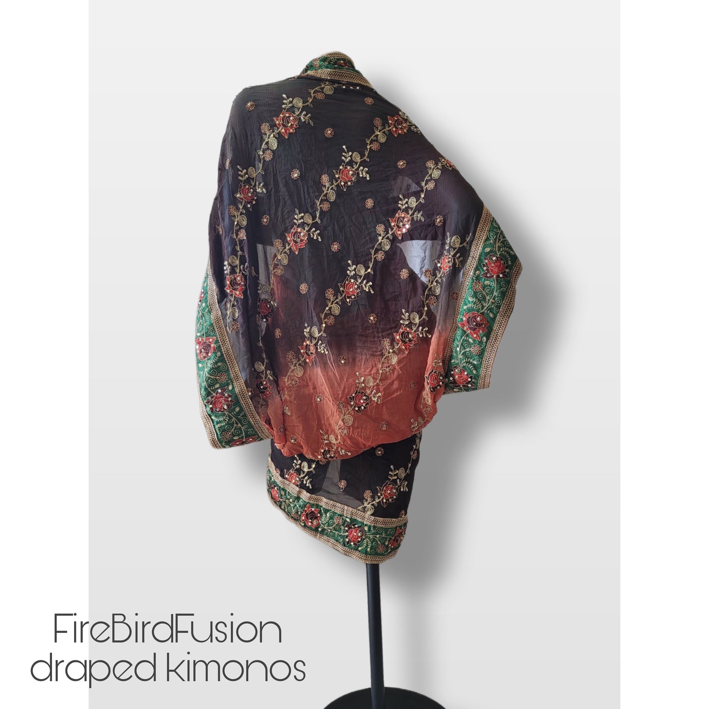 Short draped kimono in brown and rusty brown with broad embroidered trim in green (M)