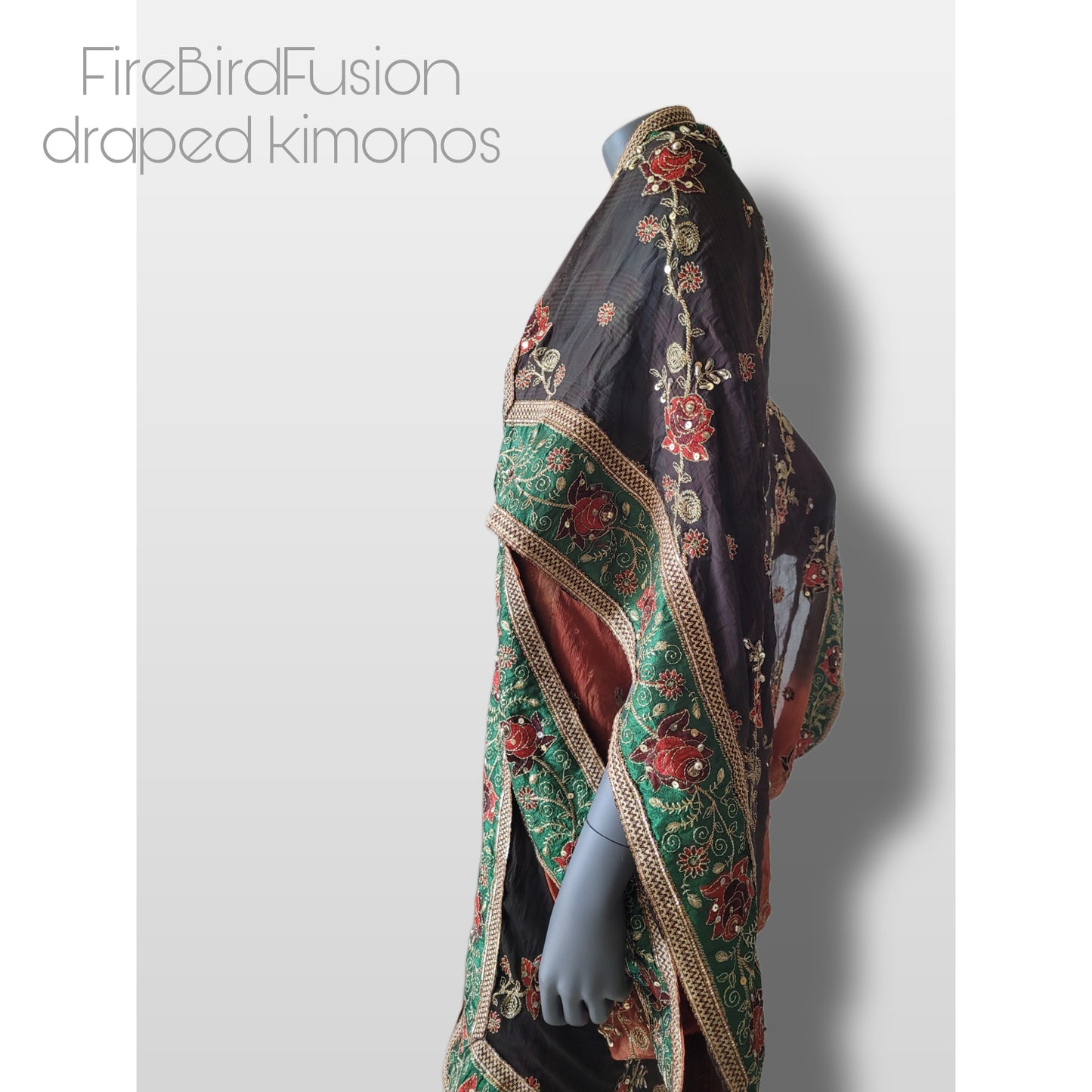 Short draped kimono in brown and rusty brown with broad embroidered trim in green (M)