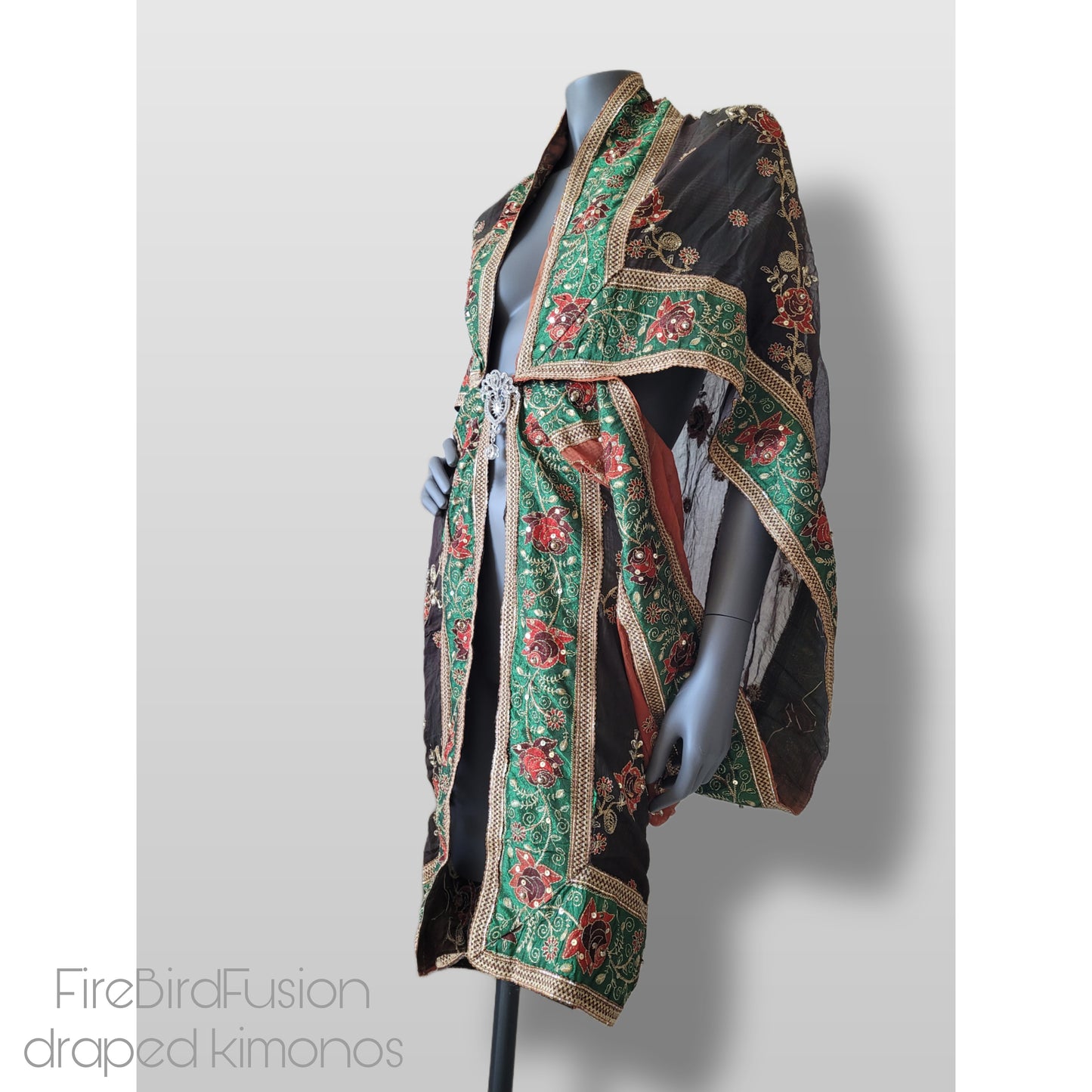 Short draped kimono in brown and rusty brown with broad embroidered trim in green (M)