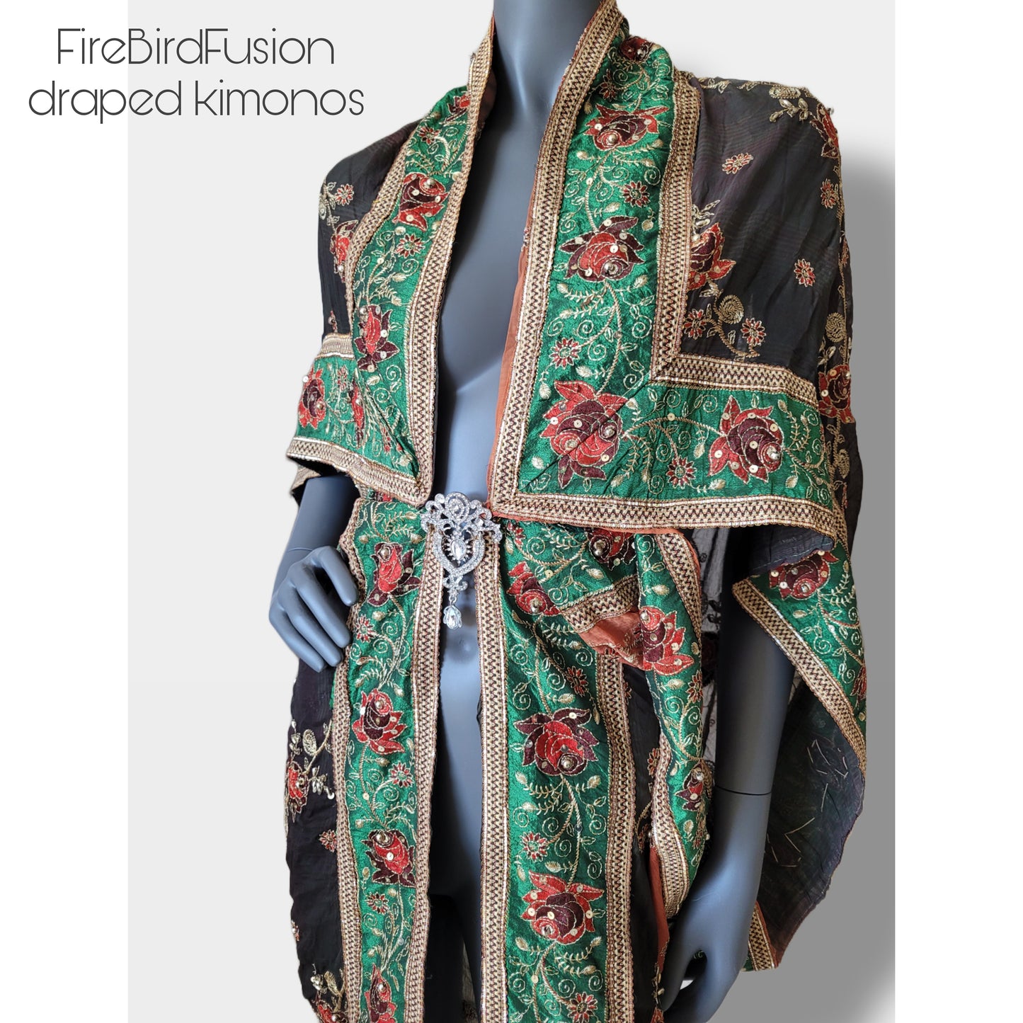 Short draped kimono in brown and rusty brown with broad embroidered trim in green (M)