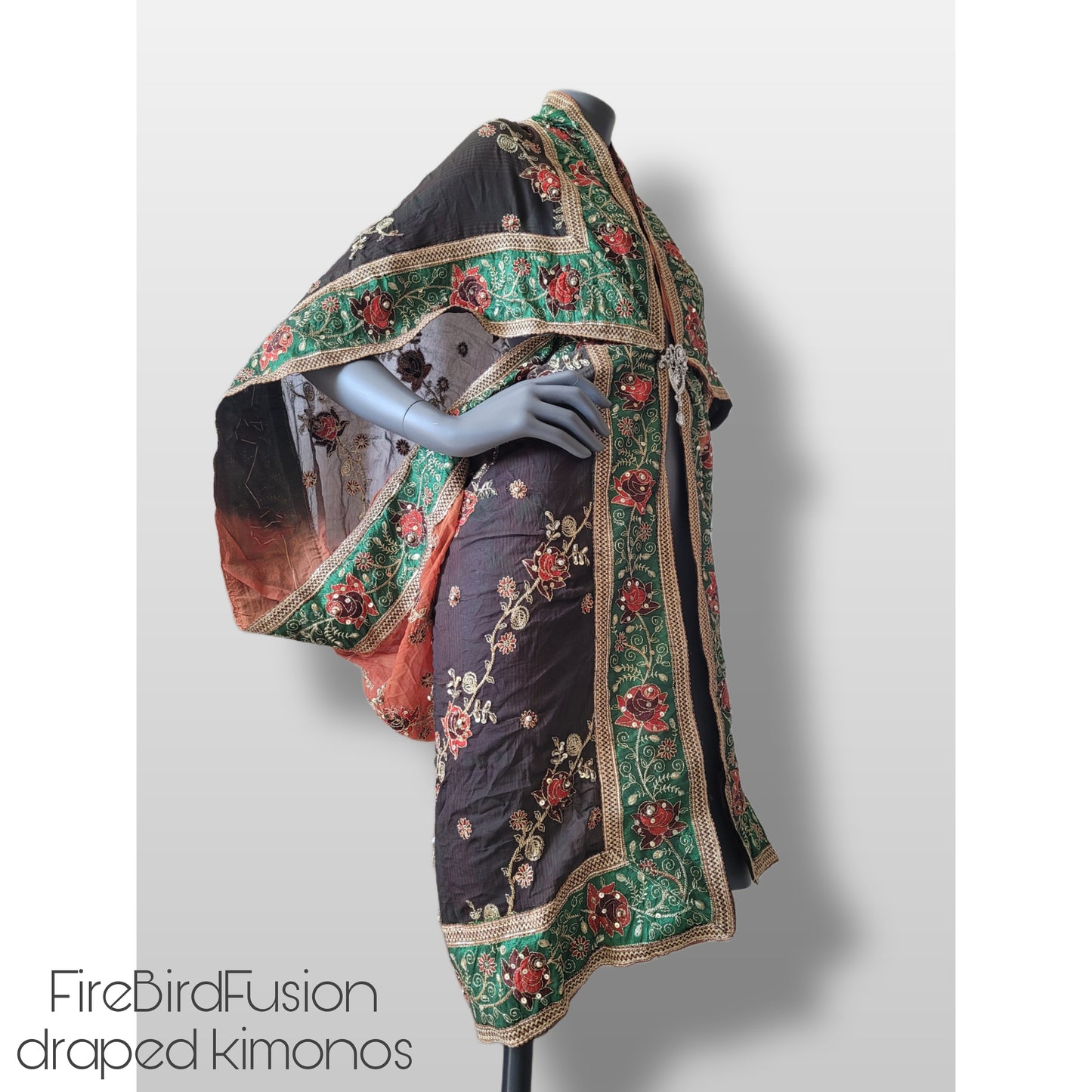 Short draped kimono in brown and rusty brown with broad embroidered trim in green (M)